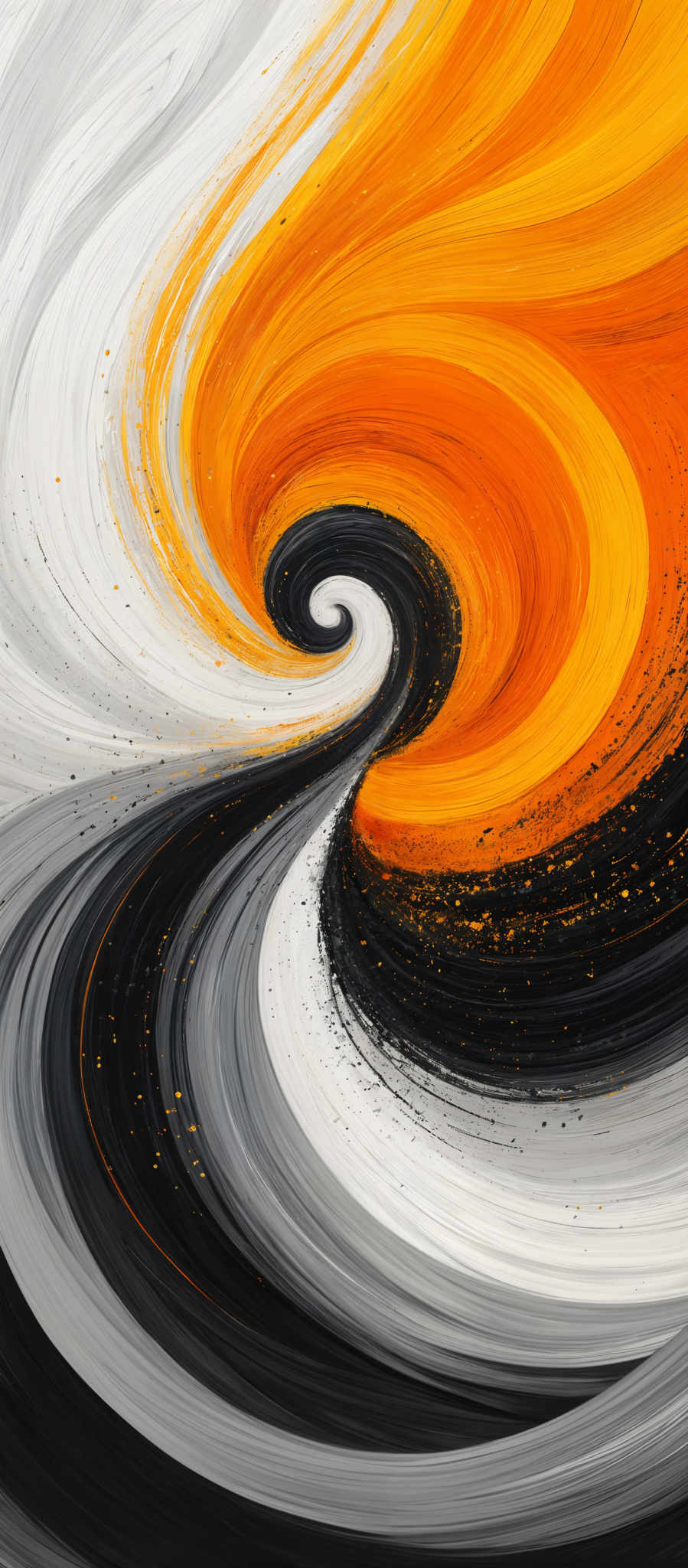 The image showcases a vibrant and dynamic swirl of colors. The dominant colors are shades of orange, white, black, and gray. The swirl starts from a bright orange at the top, which transitions into a white area, then into a black region, and finally merges with a gray area at the bottom. The fluidity of the swirl gives the impression of a whirlpool or a vortex, with specks of gold or yellow scattered throughout, adding a touch of sparkle.