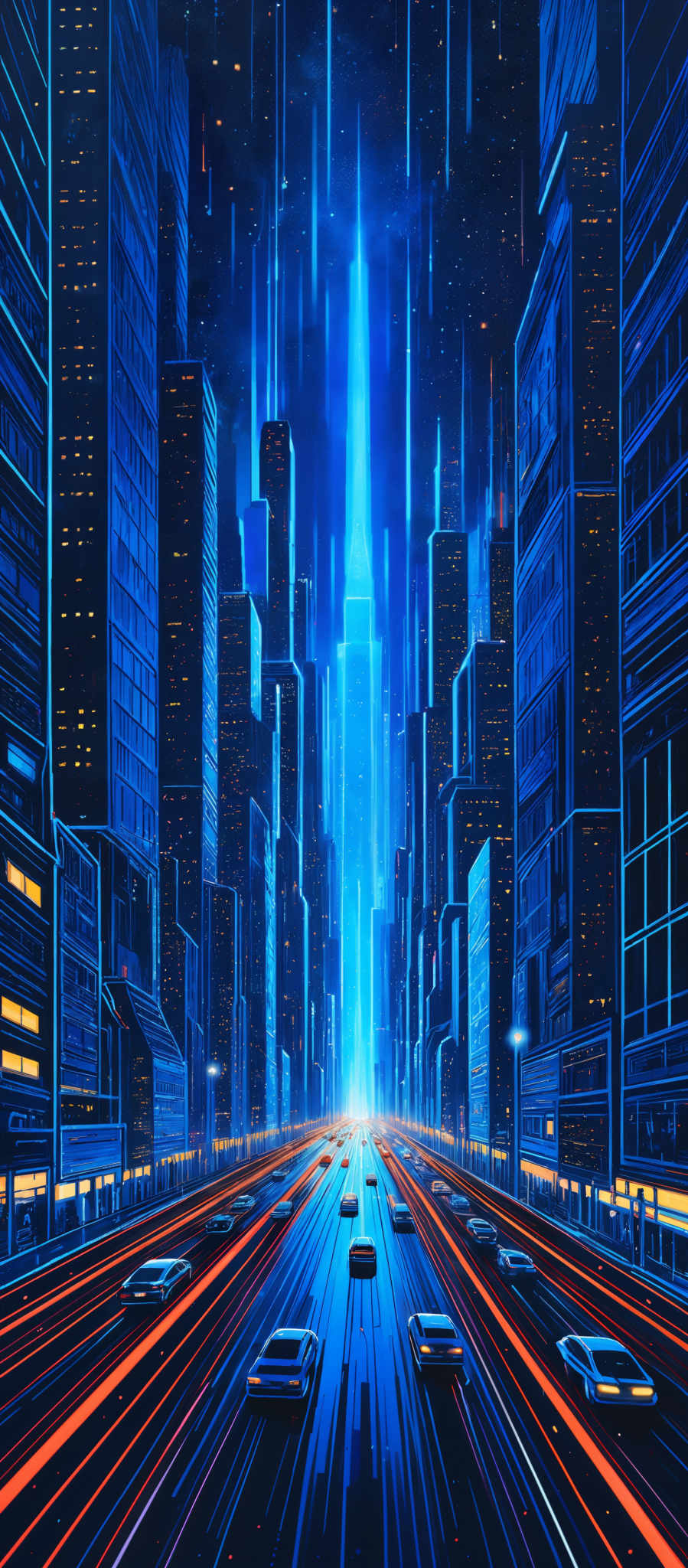 The image showcases a vibrant cityscape at night. The dominant colors are shades of blue, black, and orange. The city is characterized by tall skyscrapers, some of which have neon outlines. The central focus is a bright vertical beam of light that pierces the sky, illuminating the surrounding buildings. The streets below are bustling with cars, depicted with streaks of orange and red, suggesting high-speed movement. The overall ambiance is futuristic and cyberpunk, with a sense of advanced technology and urban development.