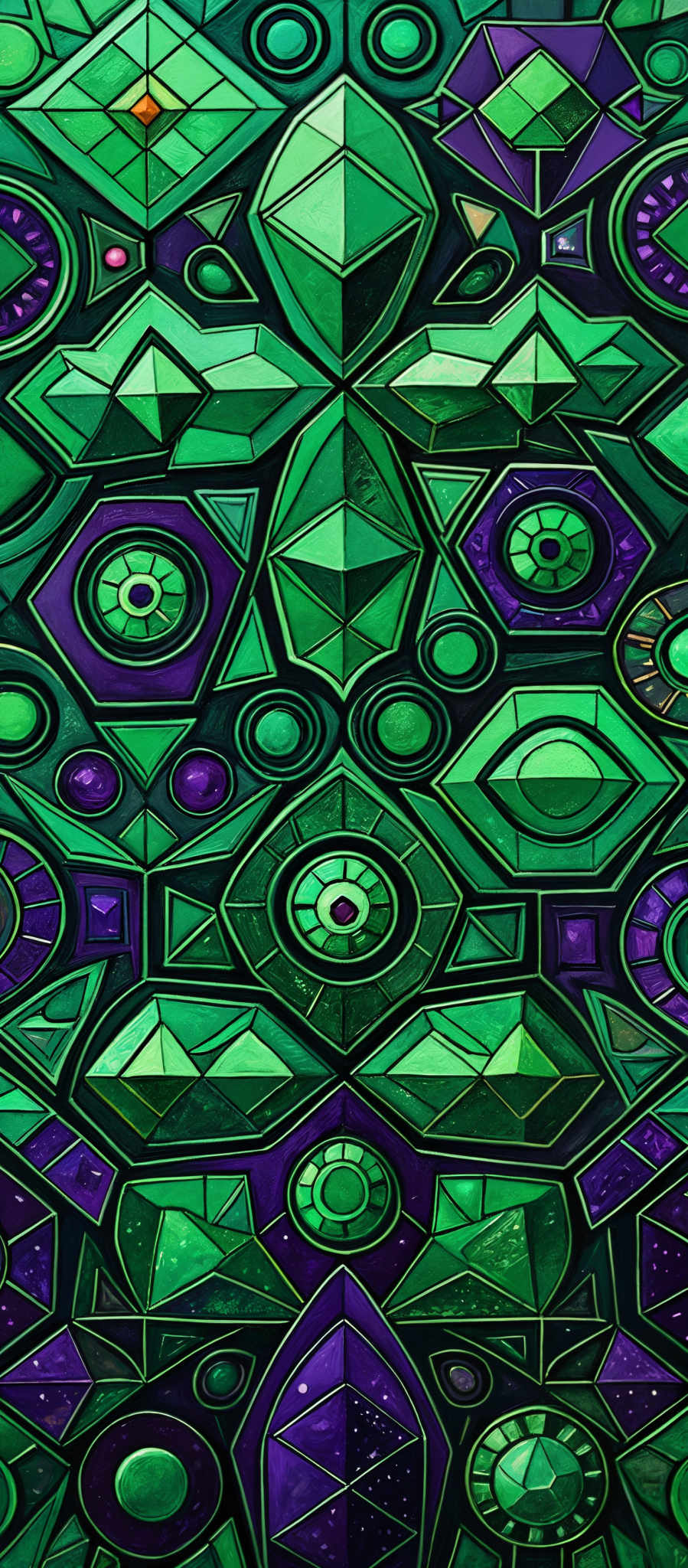 The image showcases a vibrant and intricate pattern composed of geometric shapes. The dominant colors are shades of green, purple, and gold. The shapes include various forms of circles, triangles, and polygons, interconnected in a complex manner. The gold outlines give depth and dimension to the shapes, making them stand out against the green and purple backgrounds.