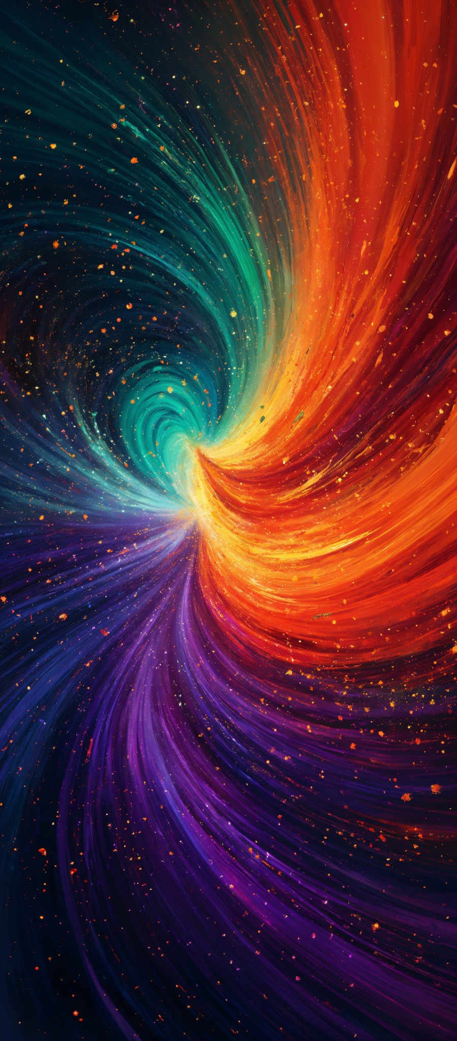 The image showcases a vibrant and mesmerizing swirl of colors. At the top, there's a deep blue transitioning into a lighter teal, which then merges into a fiery orange and red. This colorful vortex seems to be spiraling downwards, with the fiery colors giving way to a deep purple at the bottom. The swirls are dynamic and appear to be moving, creating a sense of motion and energy. The background is speckled with tiny golden dots, possibly representing stars or distant galaxies, adding to the cosmic feel of the image, suggesting that this could be a representation of a galaxy or a celestial event.