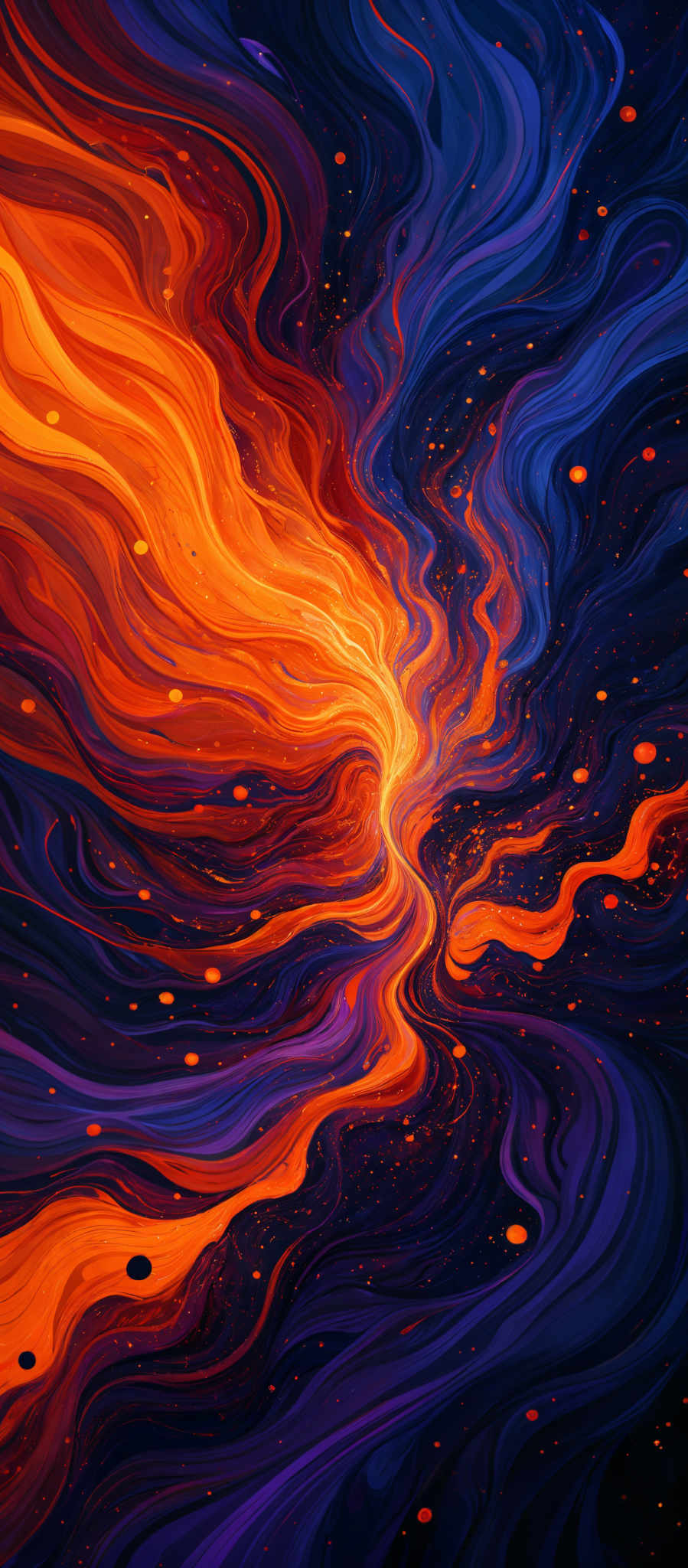 The image showcases a vibrant and dynamic mix of colors, predominantly shades of orange, blue, and purple. The swirling patterns resemble fluid dynamics, with the orange and blue swirls converging towards a central point, creating an illusion of a vortex or whirlpool. The purple areas seem to represent a calming counterpart to the energetic blue and fiery orange, providing a balance to the overall composition. The image also contains small, scattered dots that could be interpreted as distant stars or specks of light.