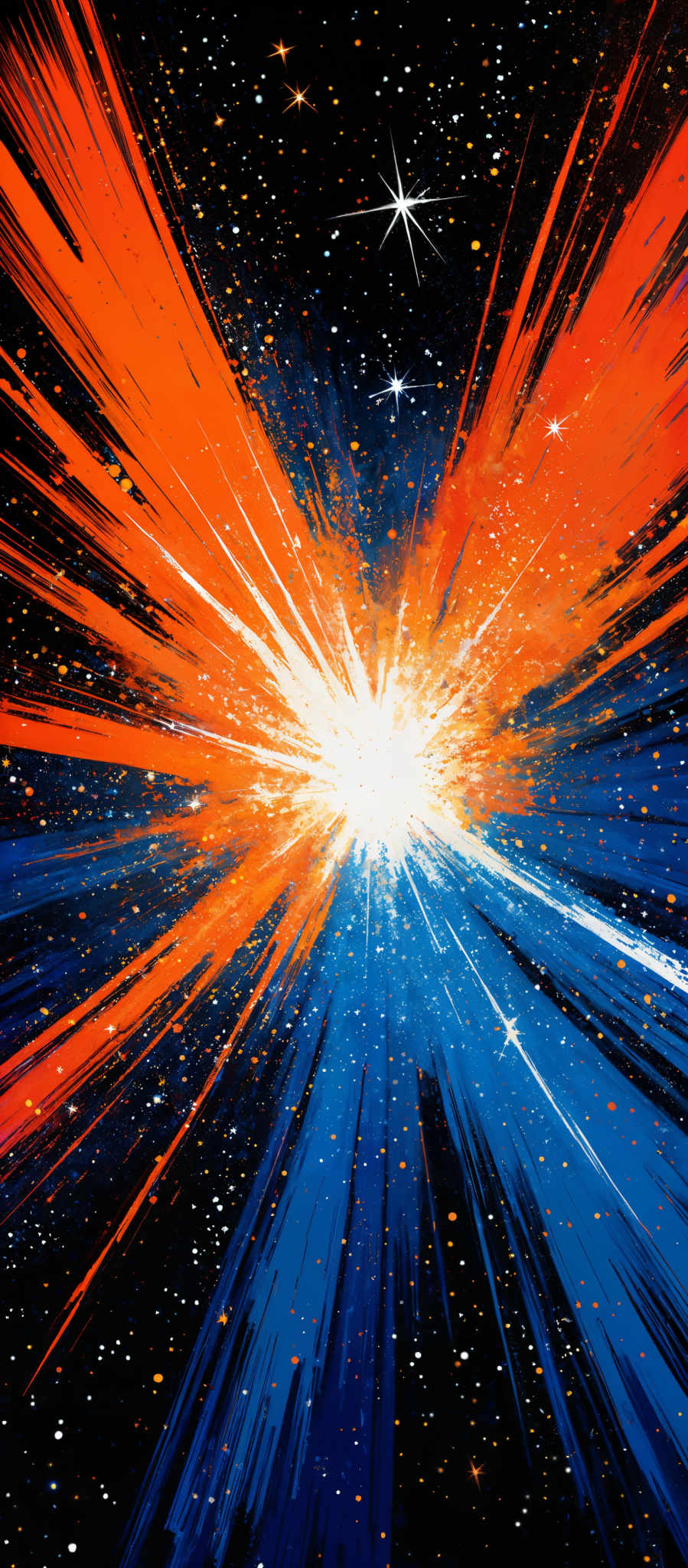 The image showcases a vibrant cosmic scene with a central explosion or burst of light emanating outward. This burst is surrounded by radiant streaks of orange and blue, resembling the trails of a comet or shooting star. The background is filled with a deep black space dotted with numerous stars, giving the impression of a vast, starry expanse.