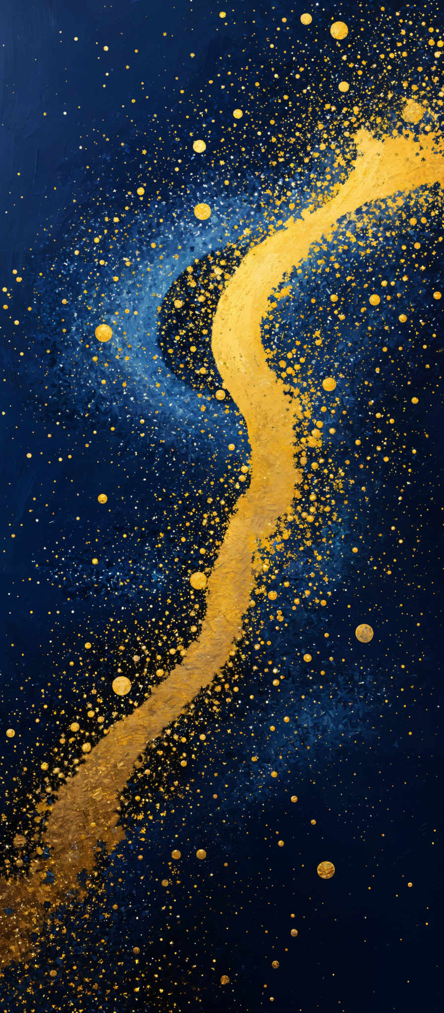 The image predominantly features a deep blue background with a striking contrast of a golden, winding path that seems to flow through the blue. This path is sprinkled with numerous golden, circular dots, giving it a sparkling appearance. The overall effect is reminiscent of a cosmic or celestial scene, with the golden path possibly representing a river or stream of light amidst a starry night sky.