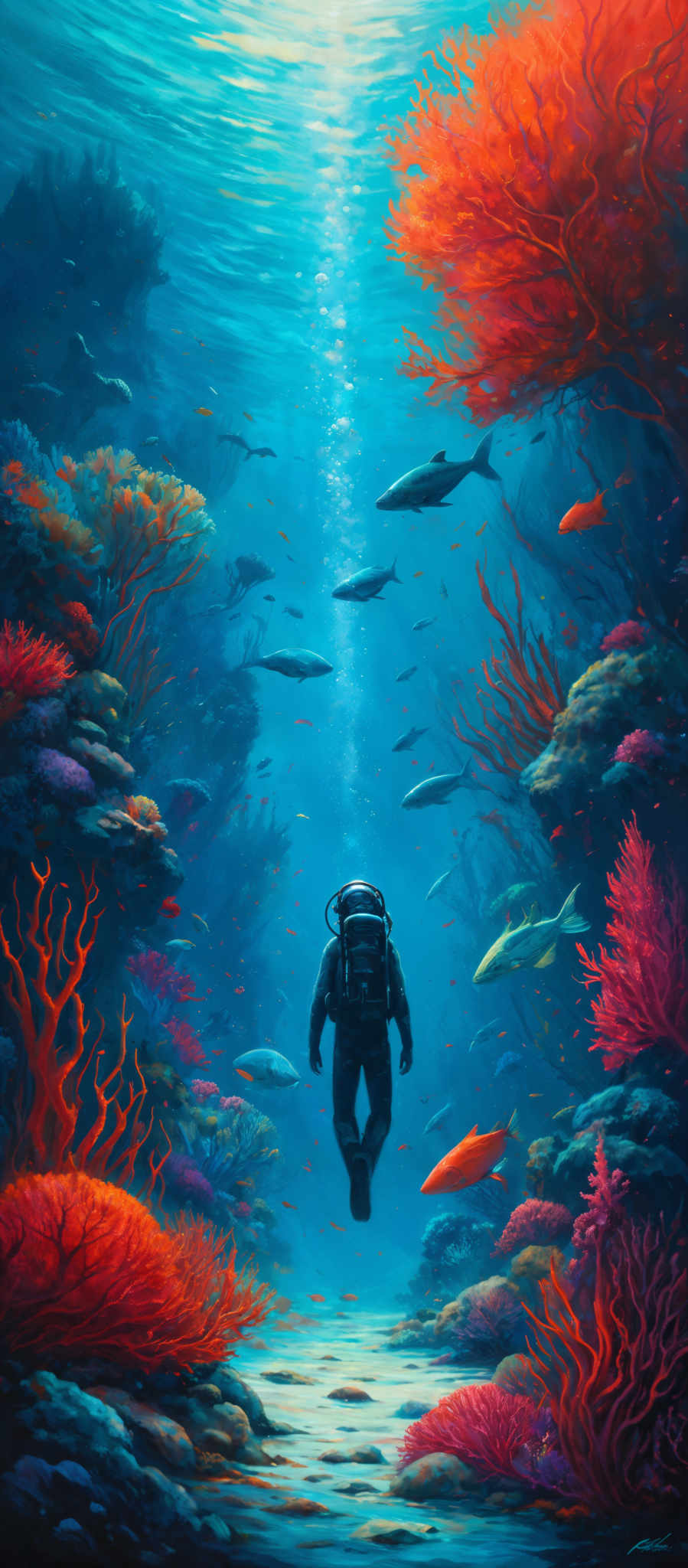 The image showcases a vibrant underwater scene. The dominant colors are shades of blue, representing the water, and vivid hues of red, orange, and purple for the coral reefs. The corals have intricate shapes, resembling branches and tendrils, and they come in various sizes, from small to large. The water above the corals is clear, allowing us to see the surface and the rays of sunlight filtering through. There are also various marine life, including fish and a diver, swimming around. The diver is equipped with scuba gear, including a tank and fins, and is positioned towards the center of the image, looking upwards.