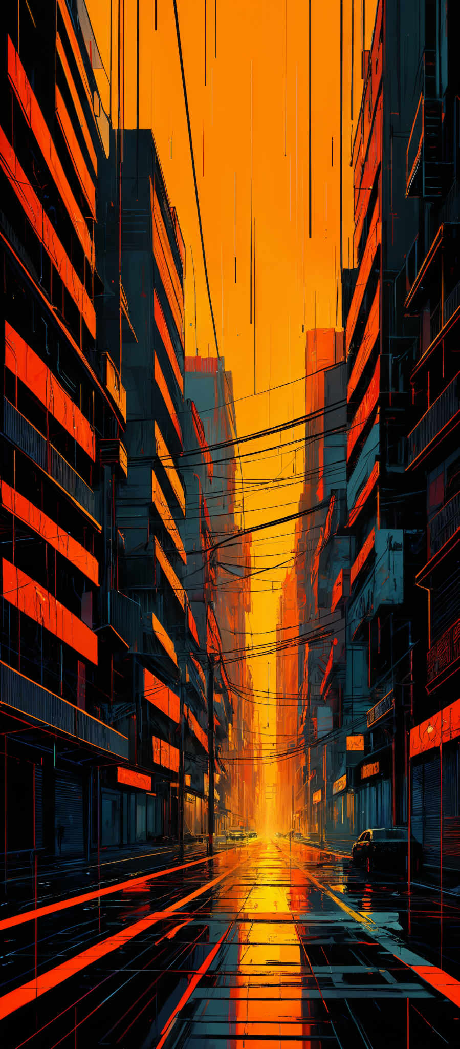 The image showcases a vibrant urban scene during what appears to be sunset or sunrise. Dominating the color palette are shades of orange, red, and yellow, which give the sky a warm, fiery hue. The buildings are tall and densely packed, with a mix of modern and older architectural styles. They are adorned with various balconies, windows, and advertisements. The streets are wet, reflecting the brilliant colors of the sky, and there are a few cars parked along the sides. Overhead, numerous power lines crisscross the scene, adding to the urban feel. The overall ambiance is one of a bustling city, captured in a