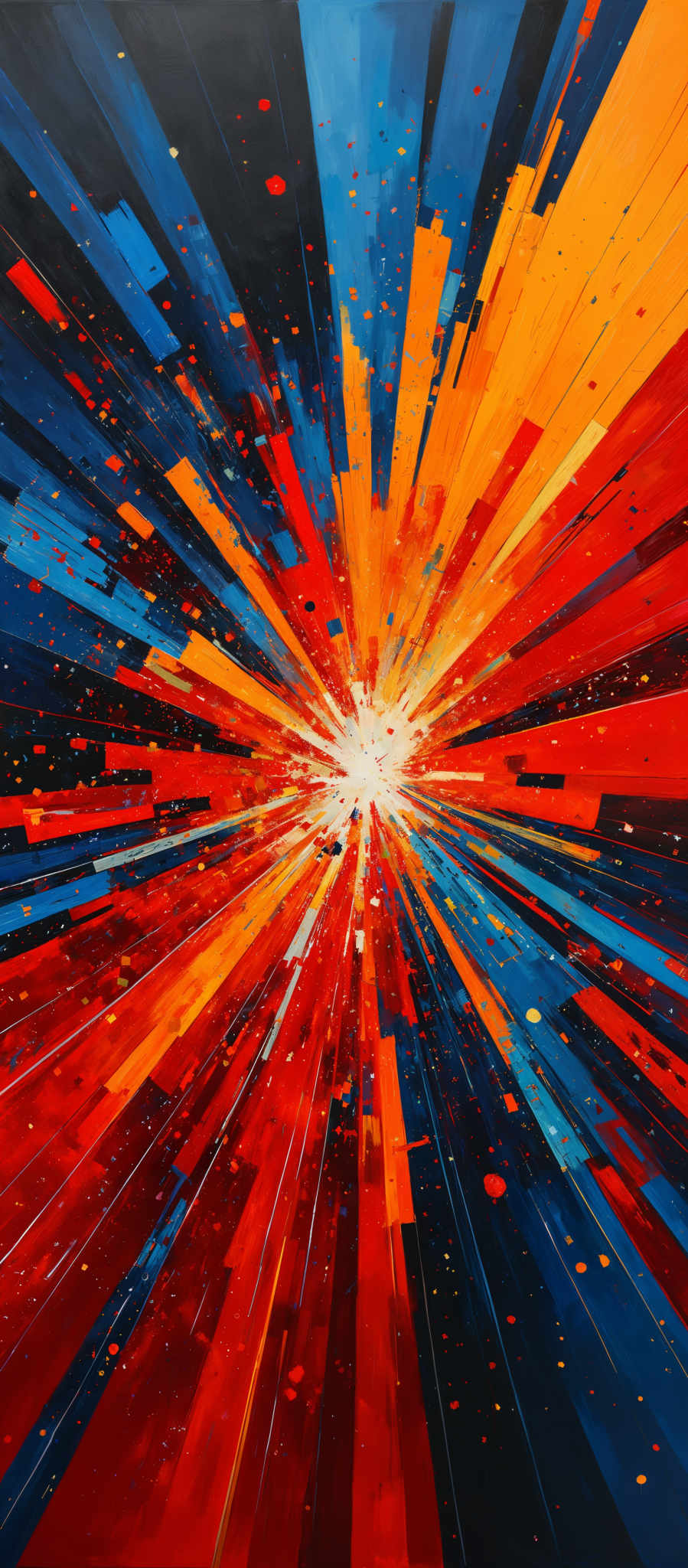 The image showcases a vibrant and dynamic explosion of colors. The central focus is a bright white light, radiating outwards in all directions. Surrounding this light are streaks of red, orange, and blue, creating an effect of a burst or explosion. The colors are bold and contrasting, with the deep blues and reds juxtaposed against the bright oranges and yellows. The shapes are primarily geometric, with straight lines and rectangles, giving the impression of a dynamic energy or force emanating from the center.