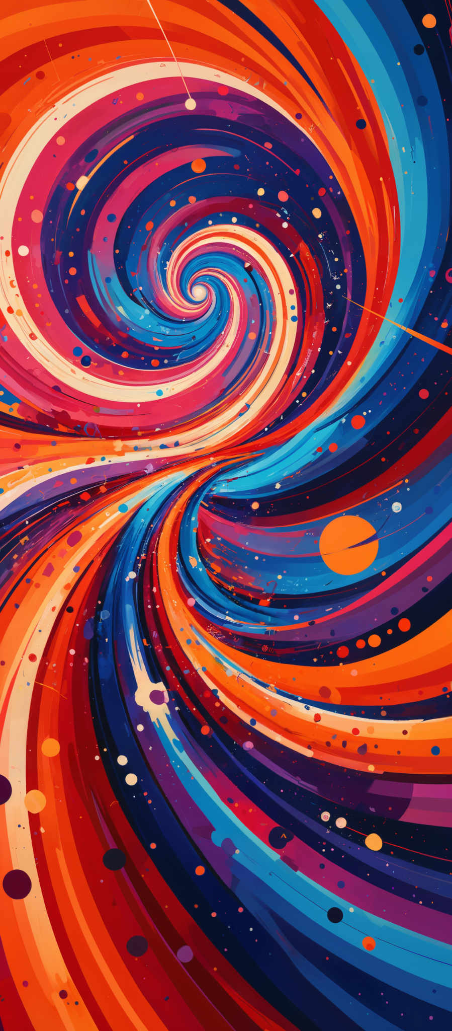 The image showcases a vibrant and dynamic swirl of colors. The predominant colors include shades of blue, red, orange, and pink. The swirls are intricate, resembling a whirlpool or vortex, with each color flowing seamlessly into the next. The background is speckled with various colored dots, adding to the overall vibrancy and depth of the artwork.