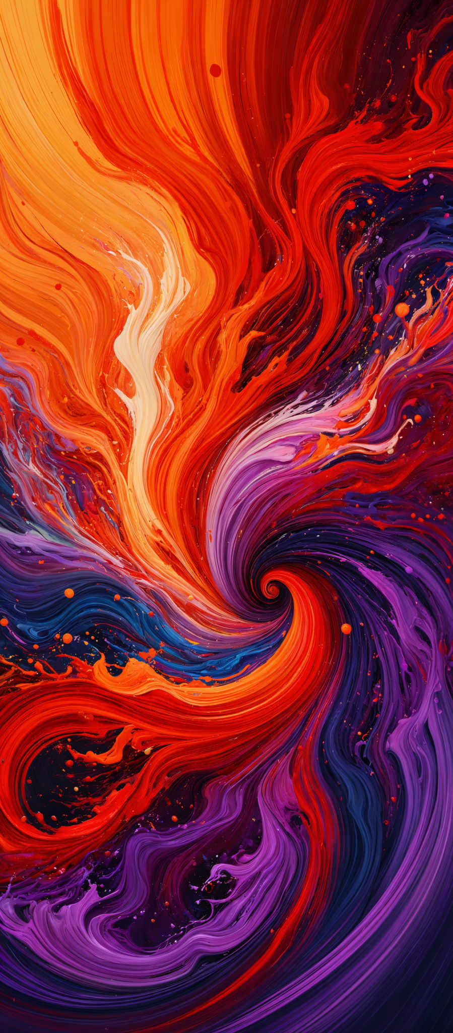 The image showcases a vibrant and dynamic mix of colors. The predominant colors are red, orange, purple, and blue. The shapes are fluid and swirling, resembling a mix of molten lava, flowing water, and swirls of paint. The image gives an impression of a whirlpool or vortex, with the colors swirled together, creating a mesmerizing effect.