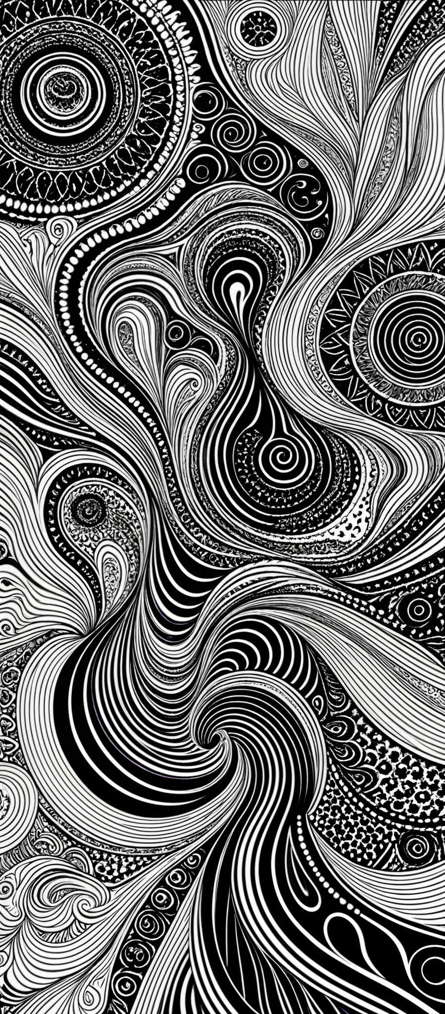 The image is a black and white abstract artwork. It features intricate patterns and designs, including swirling lines, circular motifs, and other geometric shapes. The patterns are symmetrical and appear to flow and intertwine with one another, creating a mesmerizing visual effect. The artwork is highly detailed, with each pattern having its unique design and texture.