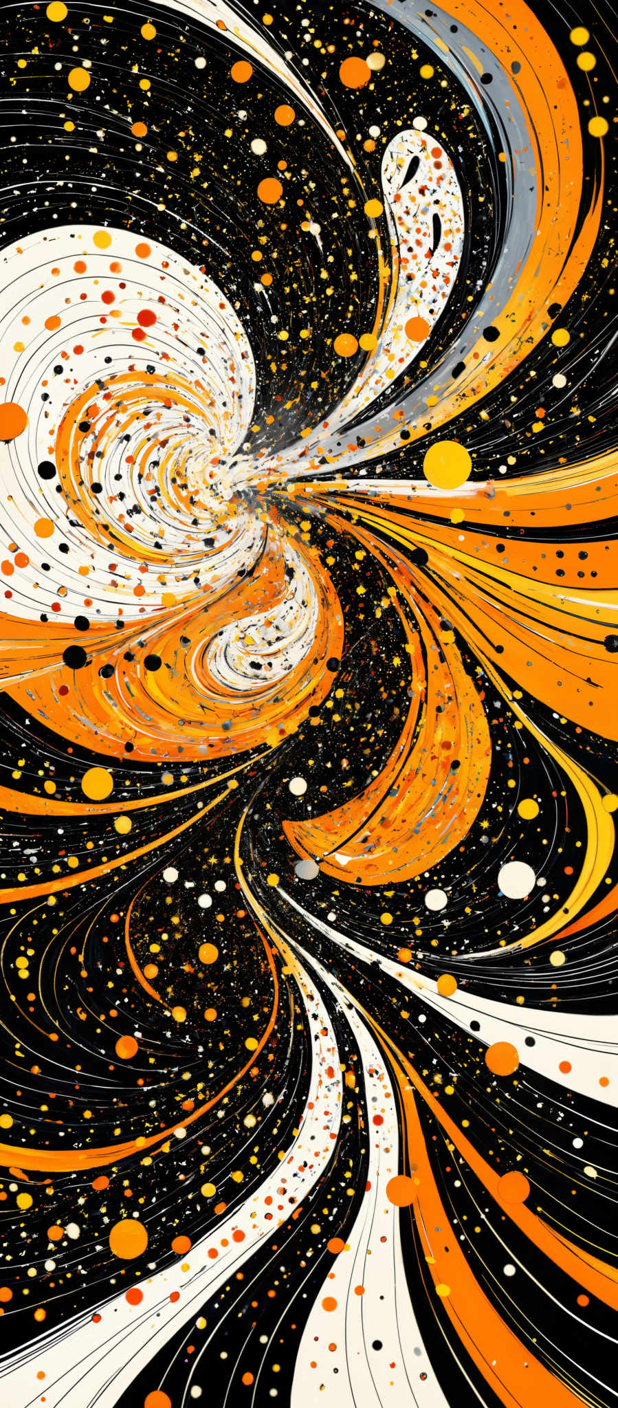 The image showcases a vibrant and dynamic abstract pattern. It predominantly features swirling lines and patterns in shades of black, white, and orange. The swirls are interspersed with numerous dots of varying sizes, predominately in orange and white. The overall effect is reminiscent of a whirlpool or a galaxy, with the swirled lines giving a sense of motion and energy.