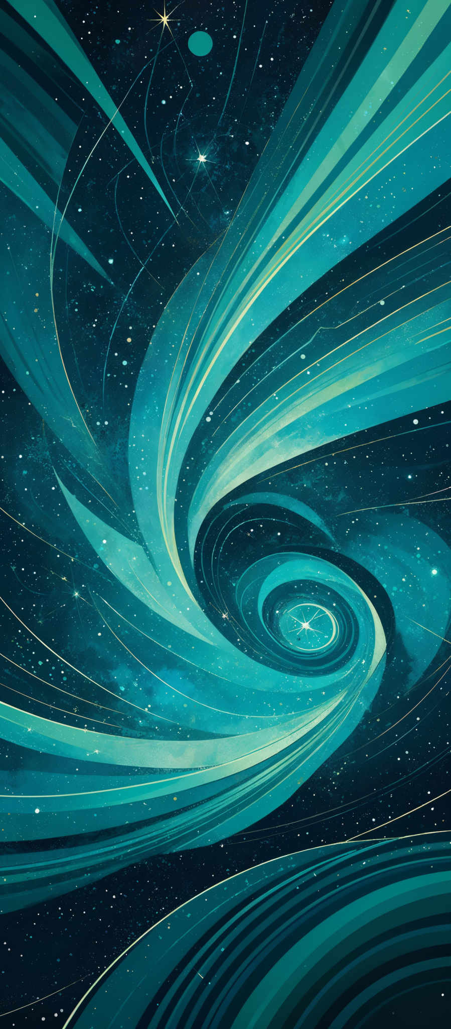 The image showcases a vibrant and mesmerizing cosmic scene. Dominated by shades of blue and turquoise, the image features swirling patterns reminiscent of galaxies or nebulas. These swirls are intertwined with streaks of golden light, possibly representing star trails or energy streams. The background is dotted with numerous white specks, symbolizing distant stars or other celestial bodies. The overall composition gives a sense of movement and depth, as if one is gazing into the vast expanse of the universe.