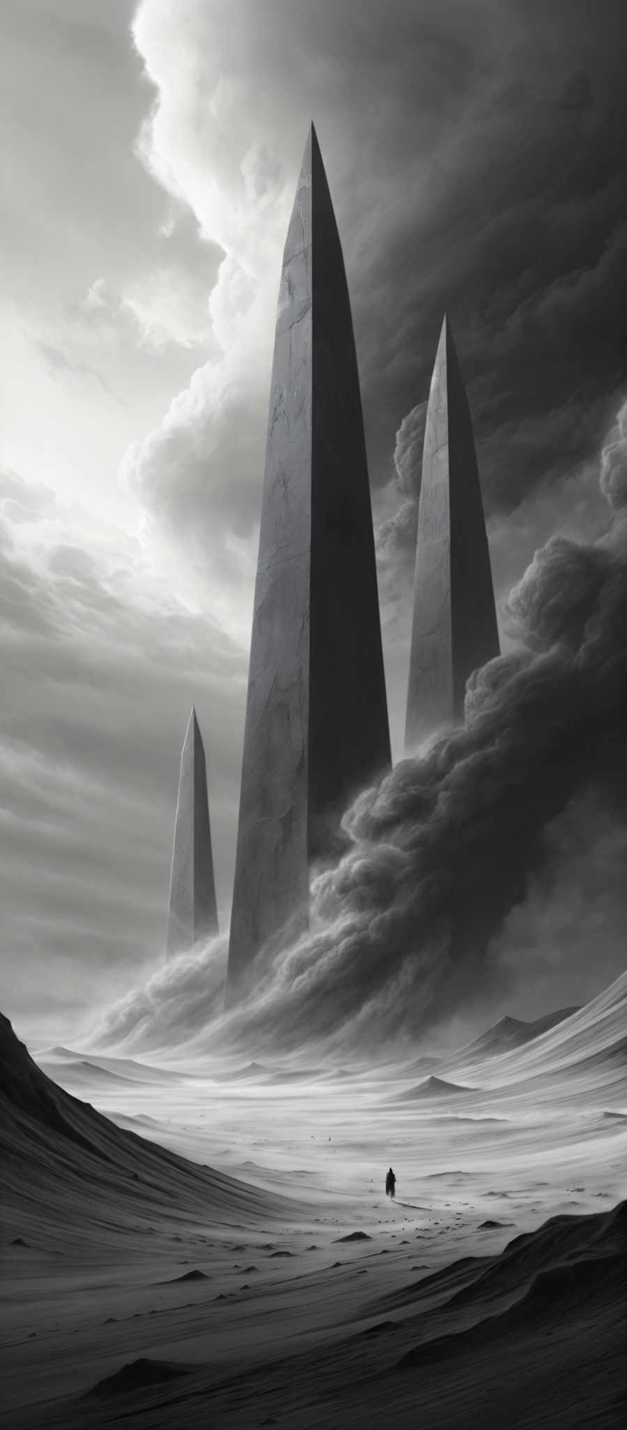 The image predominantly features monochromatic shades of gray, black, and white. The landscape is characterized by vast, rolling hills and a barren terrain. Dominating the scene are three tall, slender monolithic structures that pierce the sky. These structures have a smooth, polished surface with visible cracks and are surrounded by swirling clouds that give a sense of movement and drama. In the foreground, a lone figure stands, dwarfed by the enormity of the structures and the expansive landscape, emphasizing the scale and solitude of the scene.