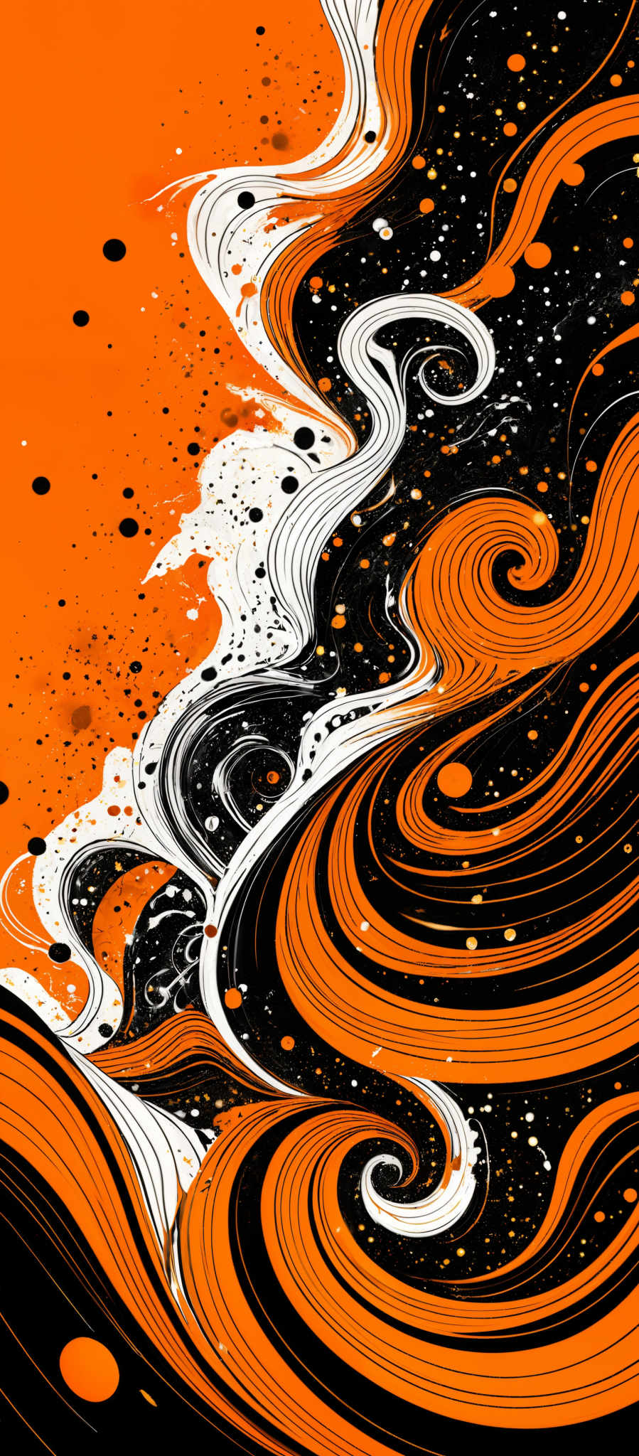 The image showcases a vibrant and intricate design with swirling patterns. The dominant colors are black, white, and a striking shade of orange. The swirls are fluid and wavy, resembling waves or abstract representations of motion. The orange background contrasts beautifully with the black and white swirls, creating a dynamic visual effect. The image also contains small dots, possibly representing stars or specks of light, scattered throughout.