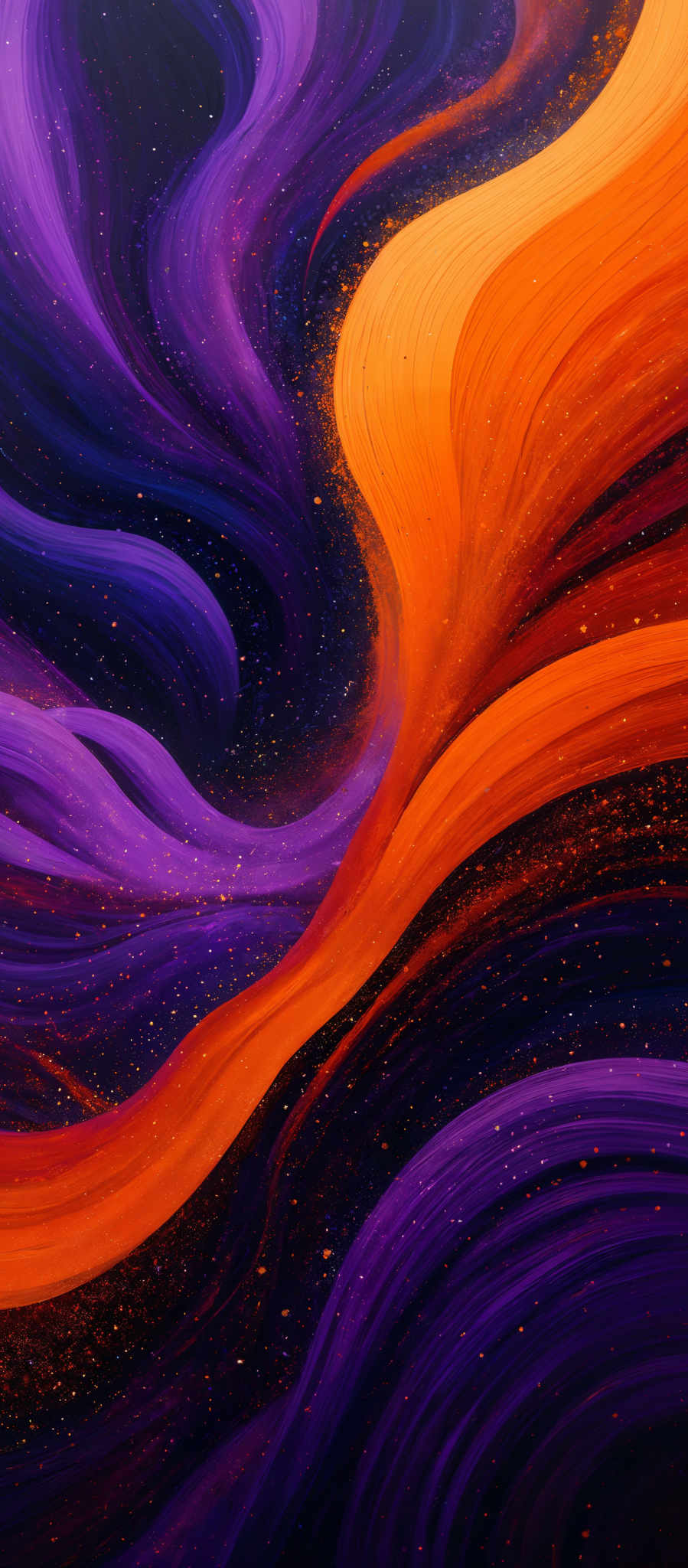 The image showcases a vibrant and dynamic mix of colors. It predominantly features swirling patterns of deep purples, fiery oranges, and rich reds. These swirls seem to flow and intertwine, creating a fluid and almost liquid-like appearance. The background is dark, possibly representing a night sky or space, with speckles of golden dots, possibly stars or distant galaxies. The overall effect is both mesmerizing and ethereal, evoking feelings of wonder and awe.