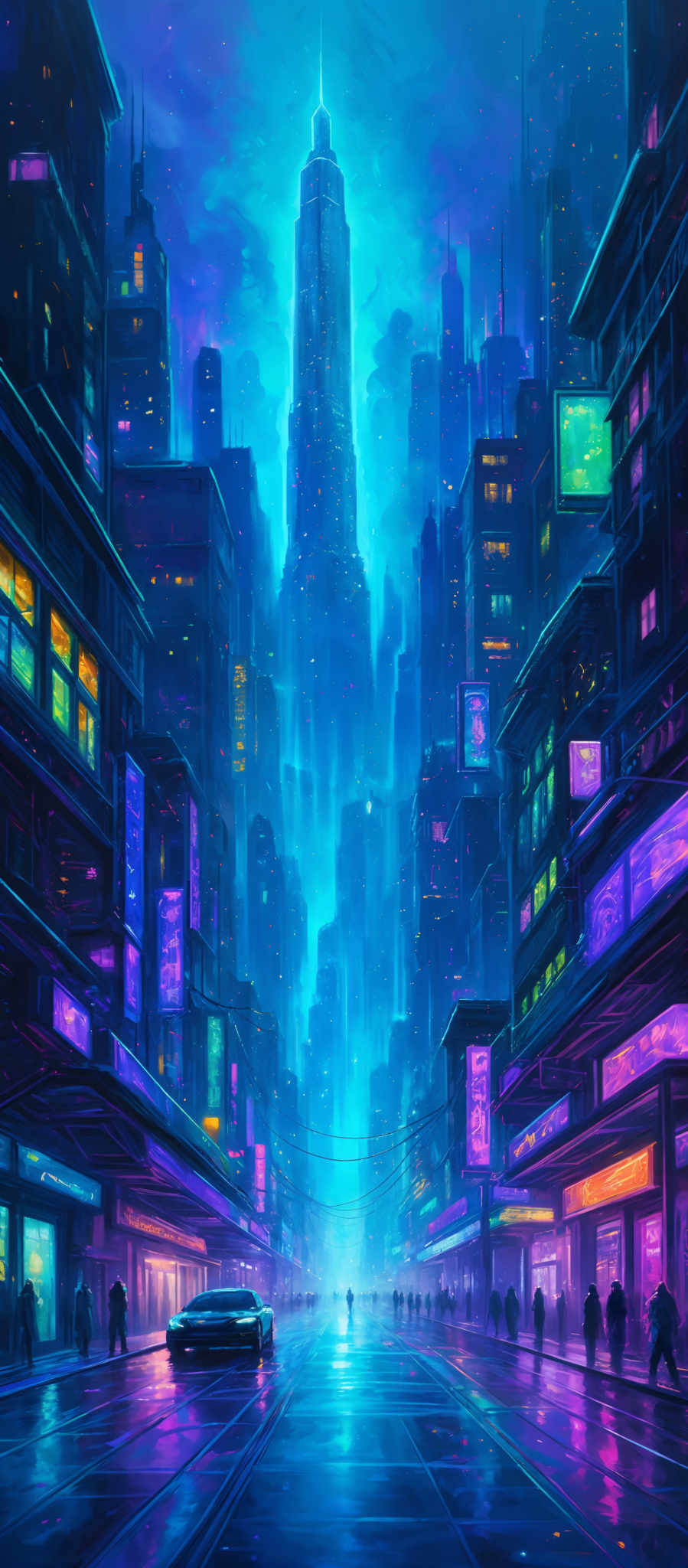 The image showcases a vibrant cityscape during nighttime. Dominating the scene is a tall, illuminated skyscraper that stands out against the backdrop of other buildings. The sky is painted in shades of blue and purple, with a hint of neon pink and green from the city lights. The streets are wet, reflecting the city's glow, and there are a few cars parked along the sides. Pedestrians can be seen walking on the sidewalks, and various signs and billboards adorn the buildings, displaying different colors and designs. The overall ambiance is one of a bustling, futuristic city.