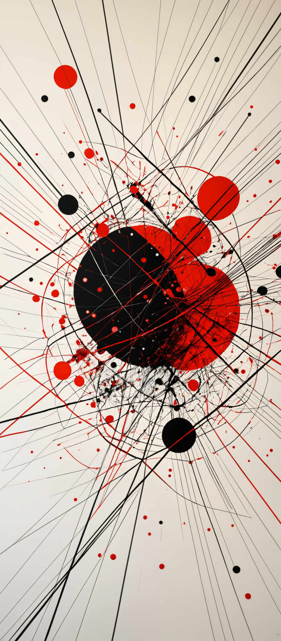 The image showcases a vibrant and dynamic composition of shapes and lines. The predominant colors are black, white, and red. The central part of the image features a large black circle surrounded by intricate red lines and splatters. These lines crisscross and intersect, creating a complex web of patterns. Surrounding the central circle are smaller red circles and splatter patterns, adding depth and dimension to the image's overall design.