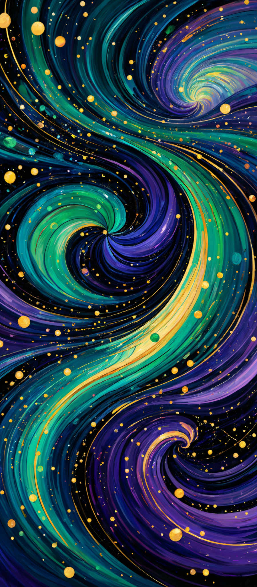 The image showcases a vibrant and swirling pattern of colors. The dominant colors are shades of blue, green, and purple, with hints of gold and yellow. The swirls are fluid and wavy, resembling the flow of water or the movement of celestial bodies. The pattern gives an impression of a cosmic or space-themed artwork, with the swirls resembles galaxies or nebulae.