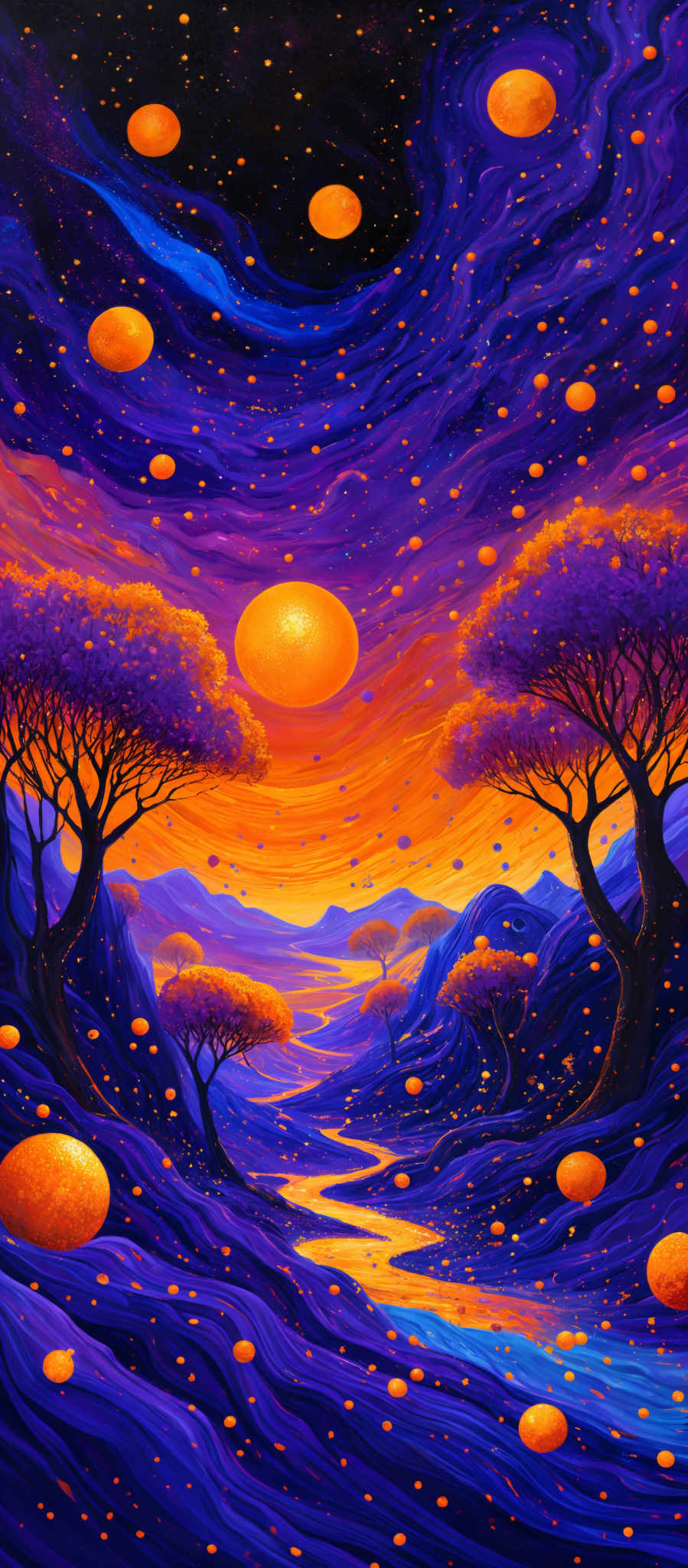 The image showcases a vibrant and colorful landscape. The dominant colors are shades of purple, blue, and orange. The sky is painted with swirling patterns of purples and blues, interspersed with bright orange orbs that resemble planets or moons. Below, there are silhouettes of trees with orange and yellow foliage, standing against a backdrop of rolling hills and a winding river. The river reflects the colors of the sky, and there are numerous orbs floating in the air, some of which are larger and closer to the horizon, while others are smaller and scattered throughout the scene.