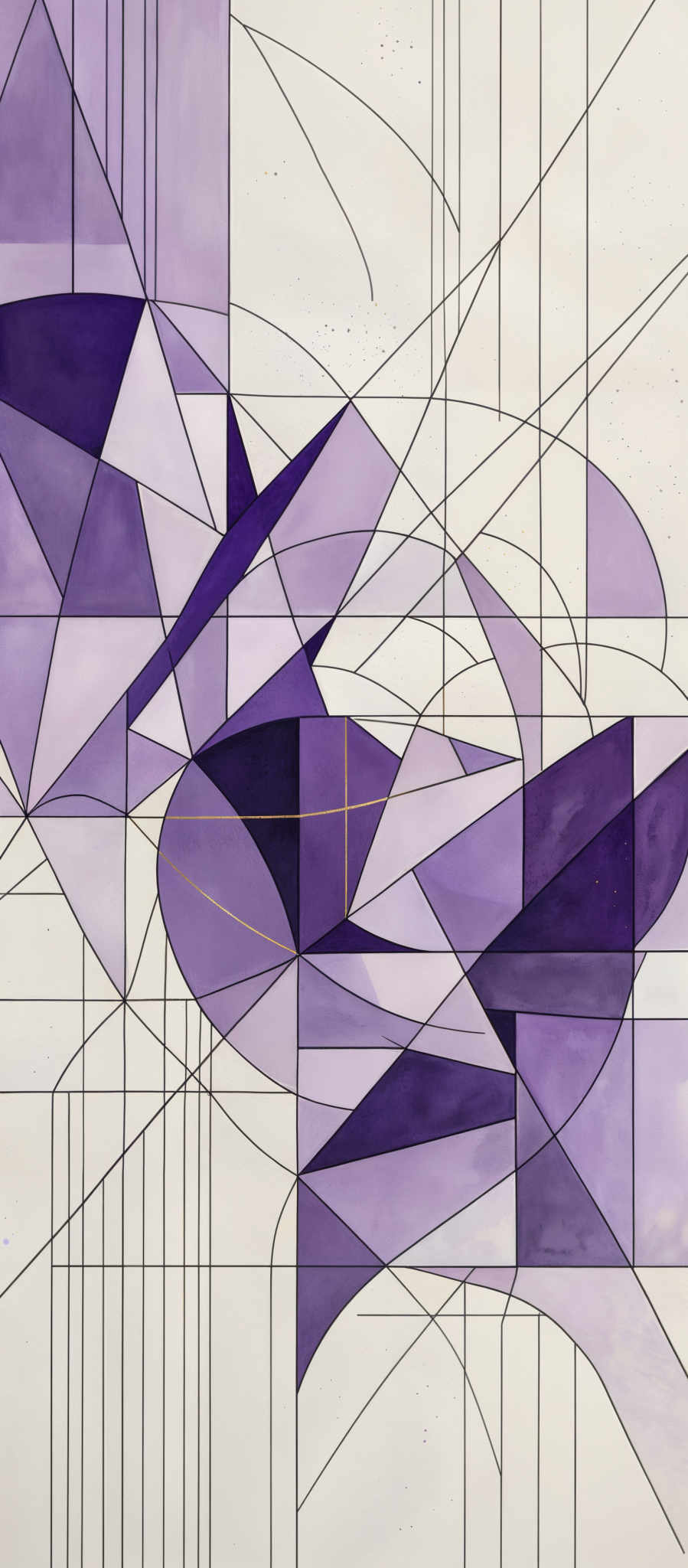 The image showcases an abstract artwork with predominant shades of purple and white. It features geometric shapes, including triangles, rectangles, and curves, intertwined with intersecting lines. The artwork seems to be a combination of both sharp and soft edges, creating a dynamic visual effect. The color palette is complemented by subtle gold accents, adding depth and contrast to the piece.