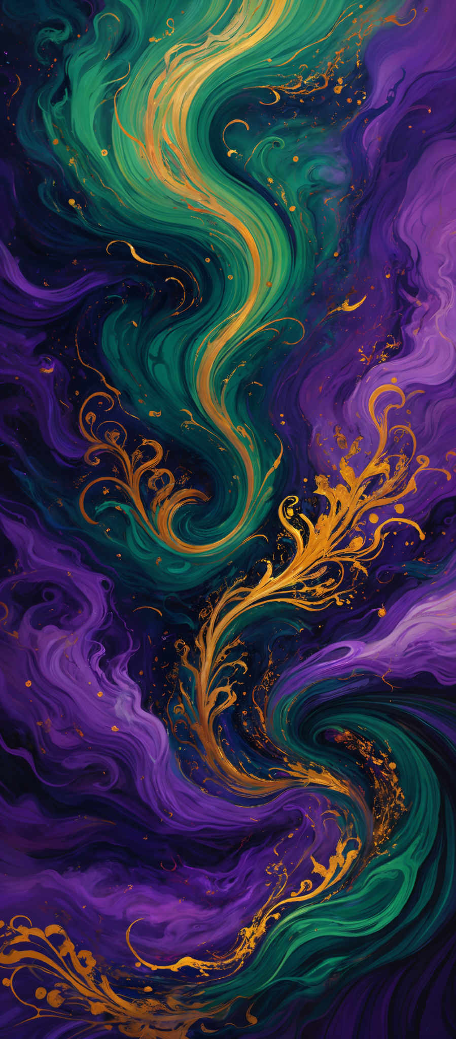 The image showcases a vibrant and intricate swirling pattern of colors. Dominant colors include shades of purple, green, and gold. The swirls are fluid and wavy, resembling waves or smoke, and they intertwine with each other in a mesmerizing dance. The gold accents, which appear as splashes and swirls, add a touch of luxury and contrast to the predominantly cool tones of the image, creating a sense of movement and depth.