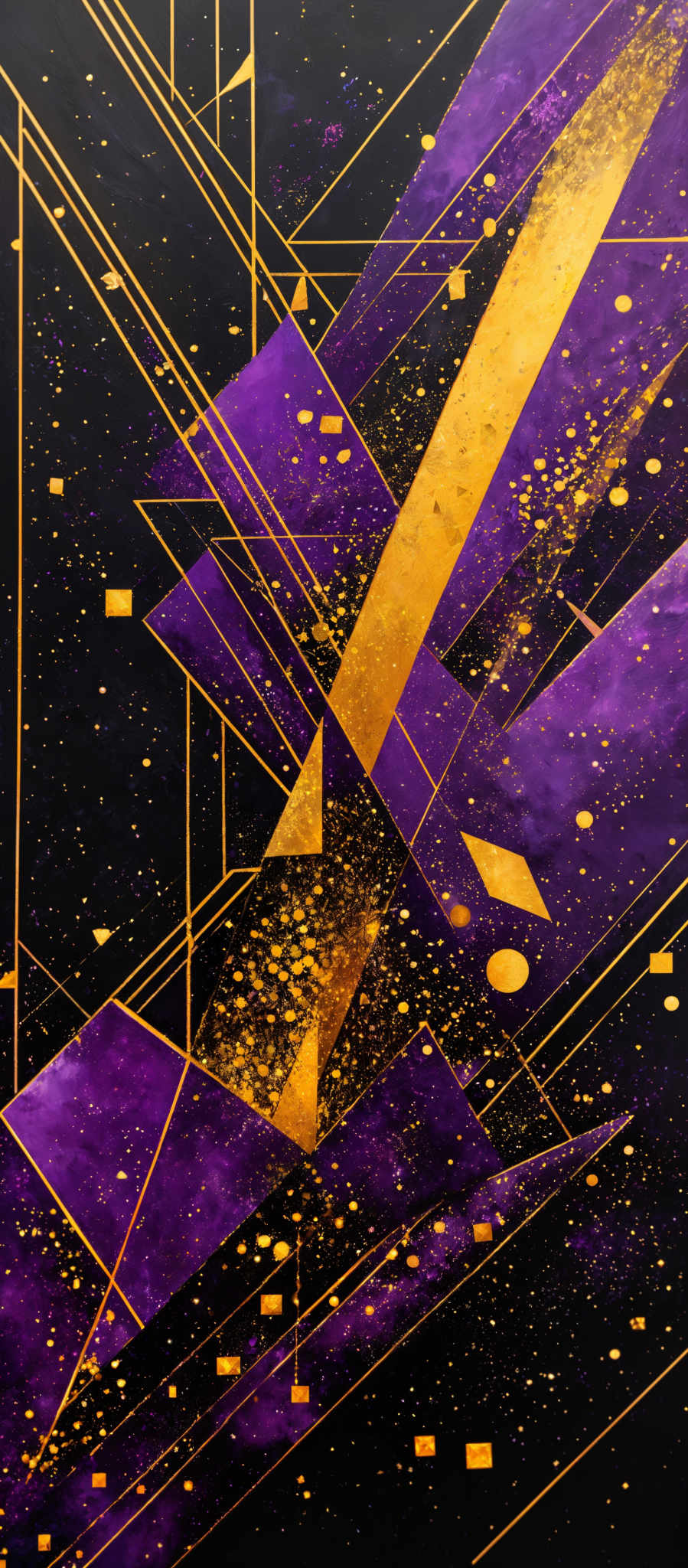 The image showcases a vibrant and abstract composition. It predominantly features deep purples and blacks, interspersed with golden geometric shapes. These shapes, which include triangles, rectangles, and lines, overlap and intersect in various patterns. The golden elements are speckled with what appears to be a mix of gold and black specks, giving it a textured and dynamic look. The background is dark, possibly representing a night sky or space, with scattered golden dots that could be interpreted as stars or distant galaxies.