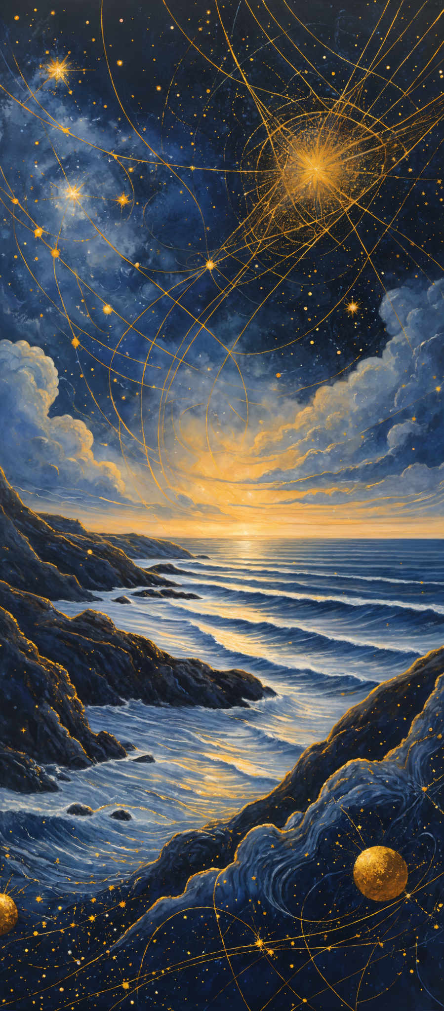 The image showcases a vivid and mesmerizing landscape. The sky is painted in deep blues and purples, interspersed with bright golden stars and swirling patterns that resemble constellations or cosmic energy. The horizon reveals a serene sunset, casting a golden hue over the calm sea. The coastline is rugged with dark cliffs and rock formations. The waves gently crash against the shore, reflecting the sun's light. The entire scene is intertwined with golden threads or paths that seem to connect various celestial bodies or constellation patterns.