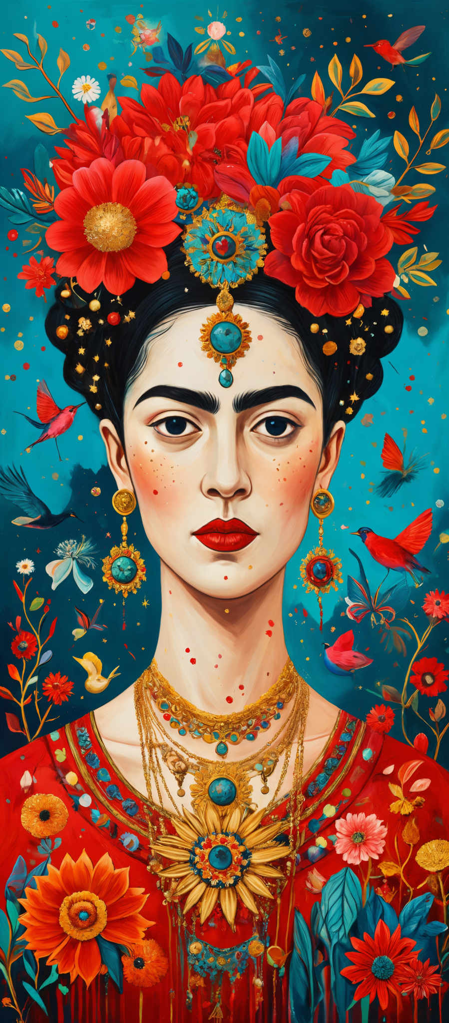 The image showcases a portrait of a woman adorned with vibrant colors. The dominant colors are turquoise, red, and gold. The woman has a dark hair styled in a bun, and her face is adorn with intricate jewelry, including earrings, necklaces, and a forehead piece. She is surrounded by a plethora of flowers in various shapes and colors, such as red roses, blue dahlias, and yellow sunflowers. There are also small birds and butterflies scattered throughout the image, adding to the lively ambiance. The background is a deep turquose, which contrasts beautifully with the colorful elements in the for