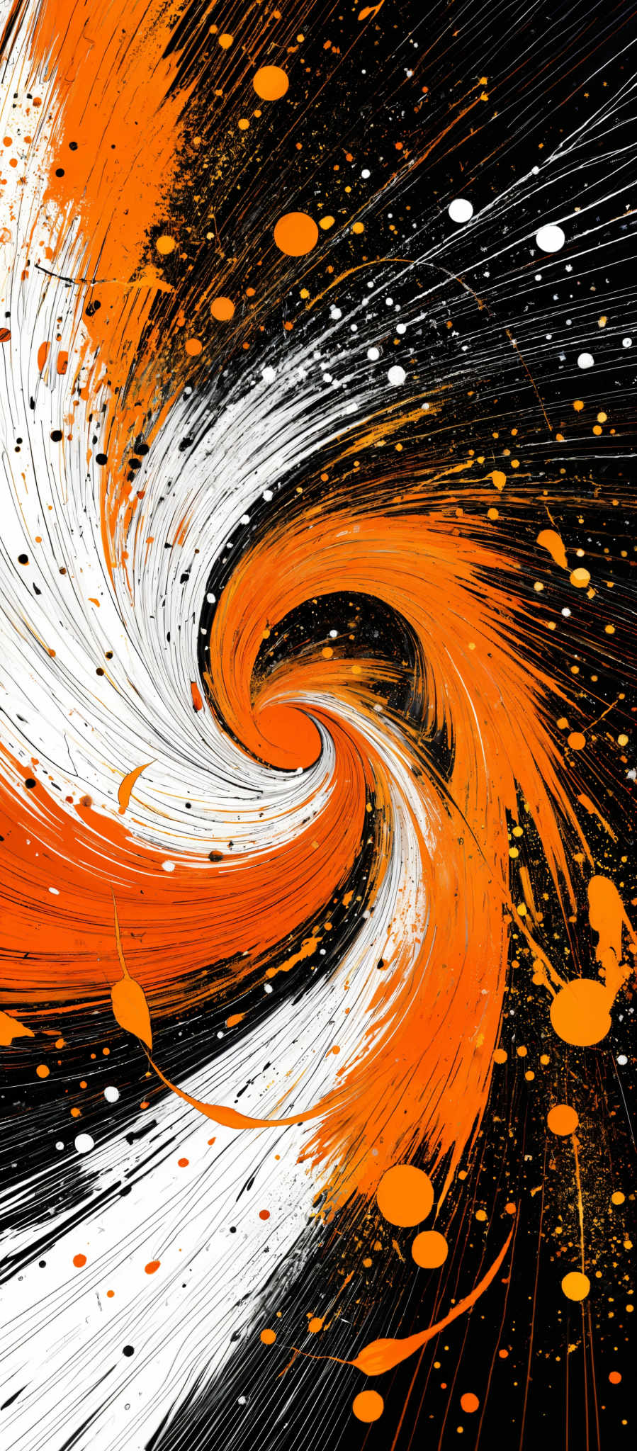 The image showcases a vibrant and dynamic swirl of colors. The dominant colors are black, white, and orange. The swirl appears to be a vortex or whirlpool, with the orange color representing the energy or motion at its core. Surrounding the swirl are streaks of white, which could symbolize light or energy emanating from the center. The background is predominantly black, which contrasts with the vivid colors, making the swirling pattern stand out prominently.