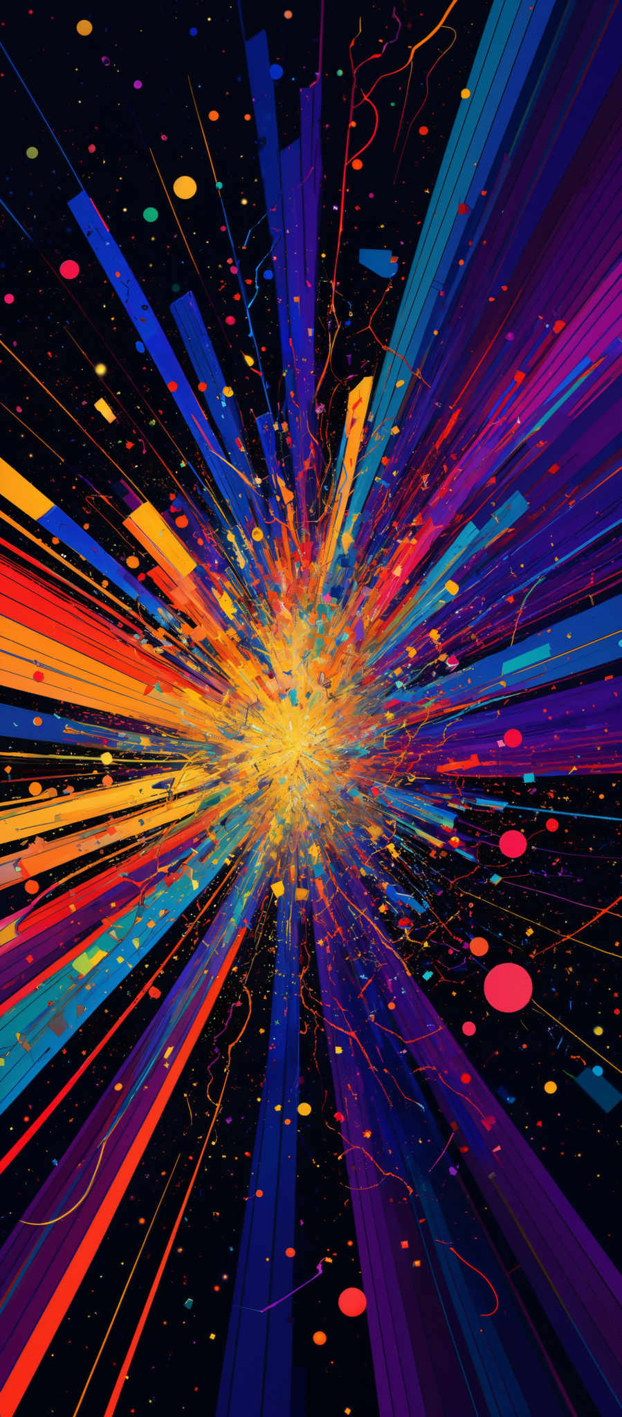 The image showcases a vibrant explosion of colors, predominantly featuring hues of blue, orange, and purple. The central focus is a radiant burst of yellow and orange, emanating outward in a pattern reminiscent of a starburst or a cosmic explosion. Surrounding this central burst are streaks of multicolored lines and shapes, resembling a dynamic energy flow or the trails of a celestial event. The background is dark, which accentuates the brightness and vibrancy of the colors in the explosion and the surrounding elements.