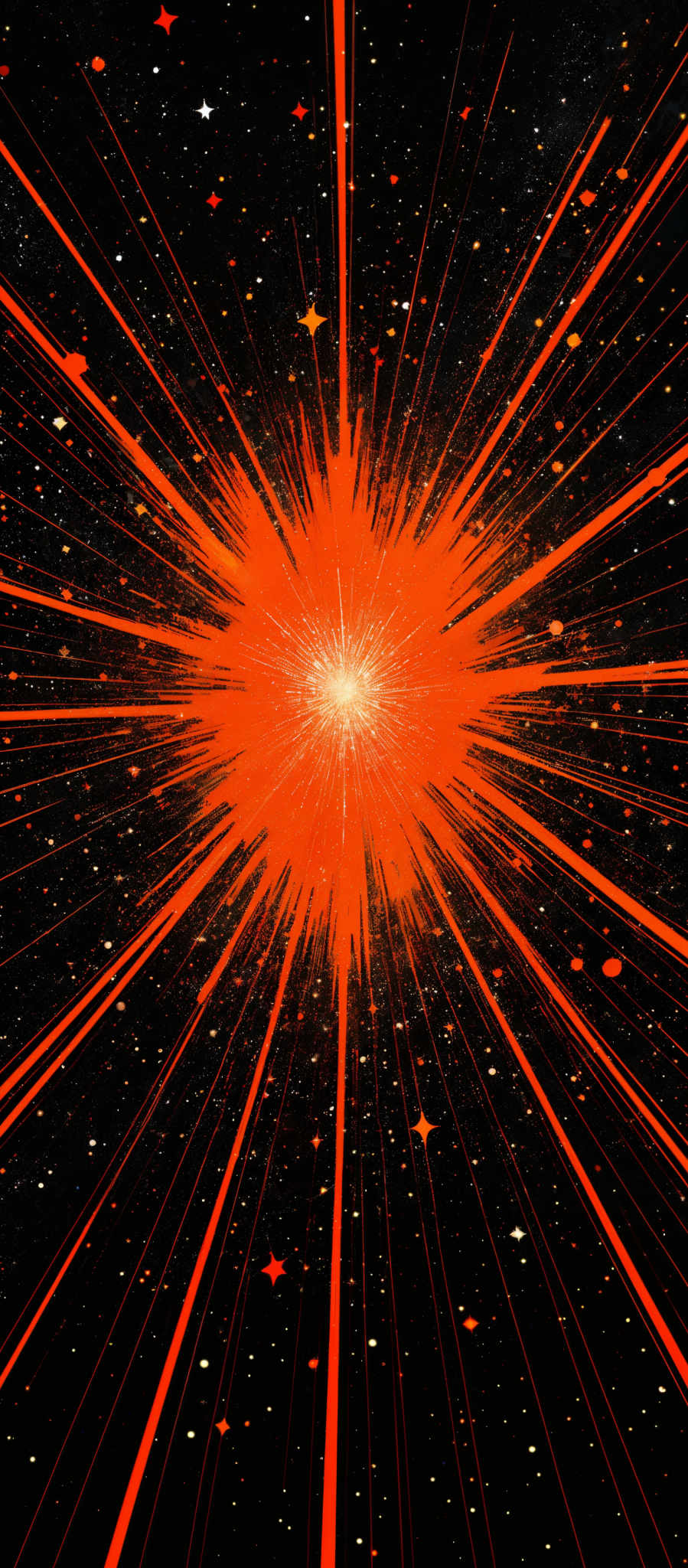 The image showcases a vibrant explosion or burst of energy, predominantly in shades of orange and red. The central part of the image is a bright, radiant point, emanating outward in a radial pattern. Surrounding this central point are numerous white stars scattered throughout the dark background, creating a sense of depth and vastness. The overall impression is one of a cosmic event or a supernova, with the central burst being the focal point and the stars providing a sense that this event is taking place in a vast expanse of space.