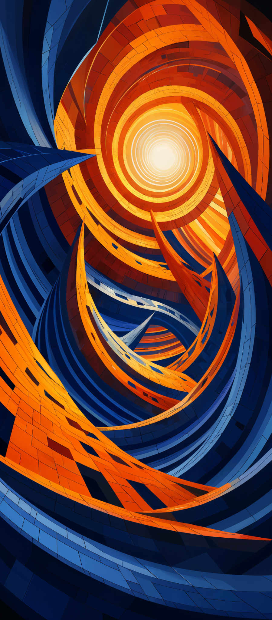 The image showcases a vibrant and dynamic digital artwork. It predominantly features a spiral structure with concentric circles emanating from a central point. The colors are a mix of deep blues, fiery oranges, and bright yellows. The spiral is composed of layered, winding patterns that give the impression of a futuristic or otherworldly architecture. The artwork exudes a sense of movement and energy, with the colors and shapes intertwining to create a mesmerizing visual experience.