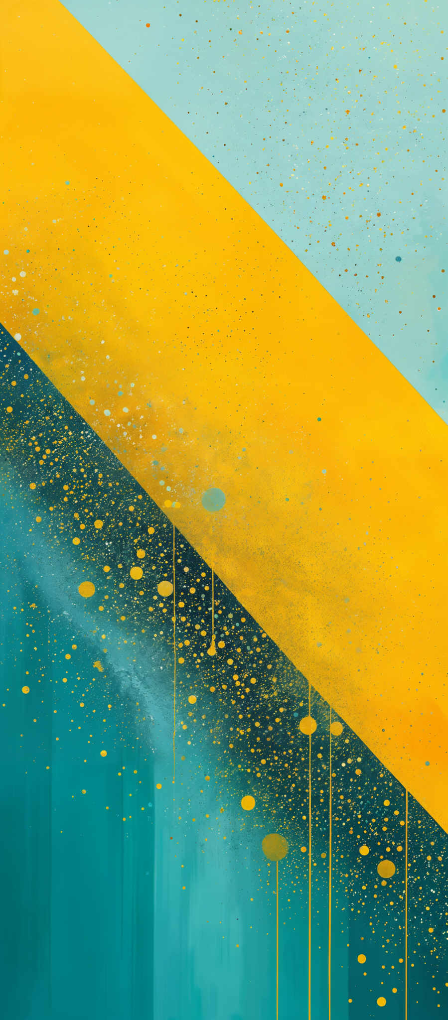 The image showcases a vibrant and abstract composition. It predominantly features two large diagonal stripes: one in a soft teal color and the other in a bold yellow. The yellow stripe is adorned with numerous small, circular, and semi-circular shapes that resemble bubbles or droplets. These shapes are scattered throughout the yellow stripes, giving the impression of a shimmering or sparkling effect. The teal stripe, on the other hand, has a smoother texture with subtle gradients, transitioning from a lighter shade at the top to a deeper hue at the bottom.