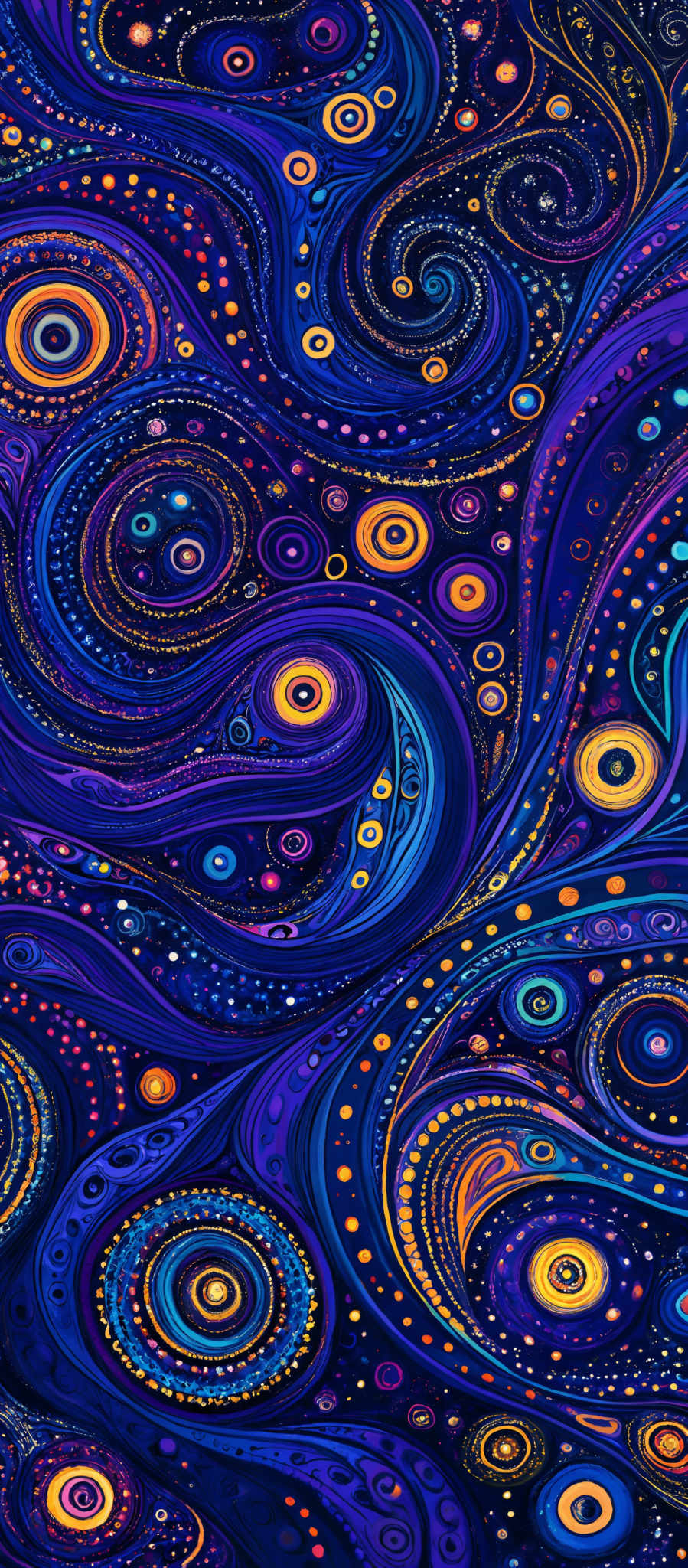 The image showcases a vibrant and intricate pattern with swirling designs and circular motifs. The dominant colors are deep blues, purples, and bright oranges and yellows. The swirls are wavy and flowing, creating a sense of movement and depth. The circular motif is prominent, with some having concentric patterns and others having a more abstract design. The overall feel is reminiscent of a cosmic or celestial theme, with the swirles and patterns giving an impression of a galaxy or nebula.