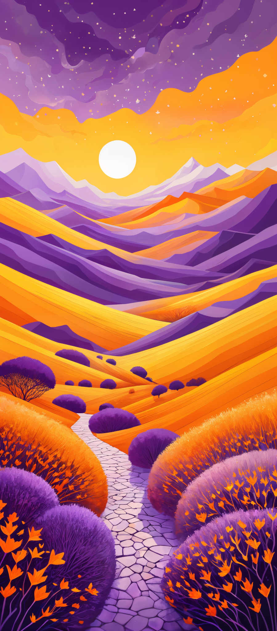 The image showcases a vibrant and colorful landscape. The sky is painted in shades of purple and orange, with a bright white moon or sun in the center. There are fluffy white clouds scattered across the sky. The foreground features a winding path made of stone, surrounded by bushes and plants in shade of purples and oranges. The middle ground reveals rolling hills and mountains, painted in hues of yellow, purple, and orange. The background has a range of mountains, and the entire scene is illuminated by the light from the moon or the sun.