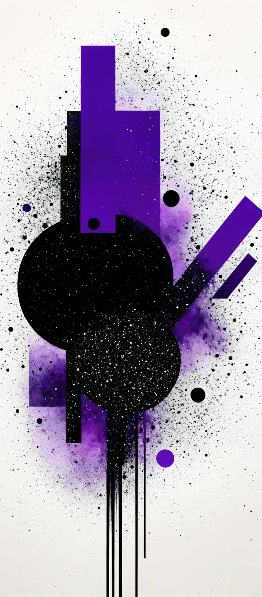 The image showcases a composition of geometric shapes and splashes of color. Dominantly, there are black rectangular and square shapes, interspersed with a large black circle. The background is a gradient of white to light purple, with scattered black dots, possibly representing stars or specks of dust. There are also vertical black lines that seem to be dripping or splattering downwards.