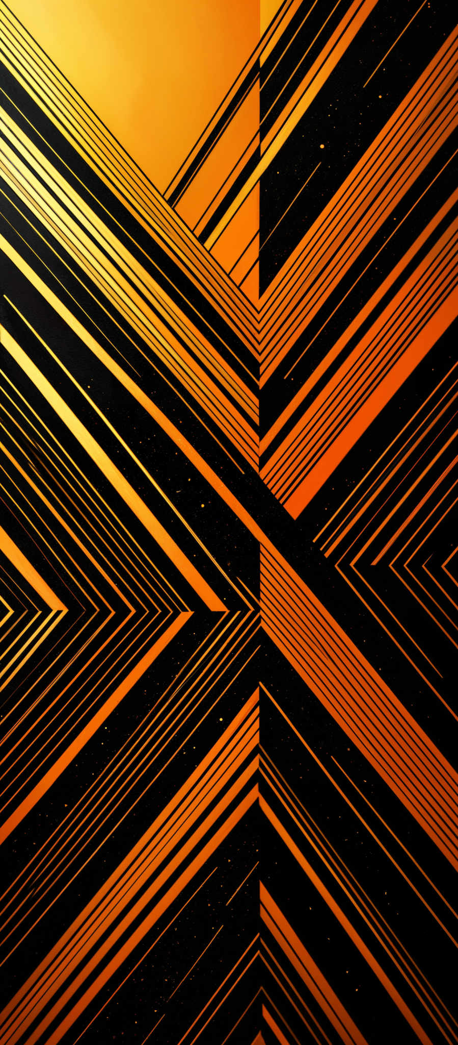 The image showcases a vibrant and dynamic pattern with a combination of black and orange colors. The primary shapes are geometric, specifically lines and triangles, intersecting and crisscrossing in a complex manner. The design gives an impression of depth and movement, with the black lines appearing to recede into the background, creating a three-dimensional effect.