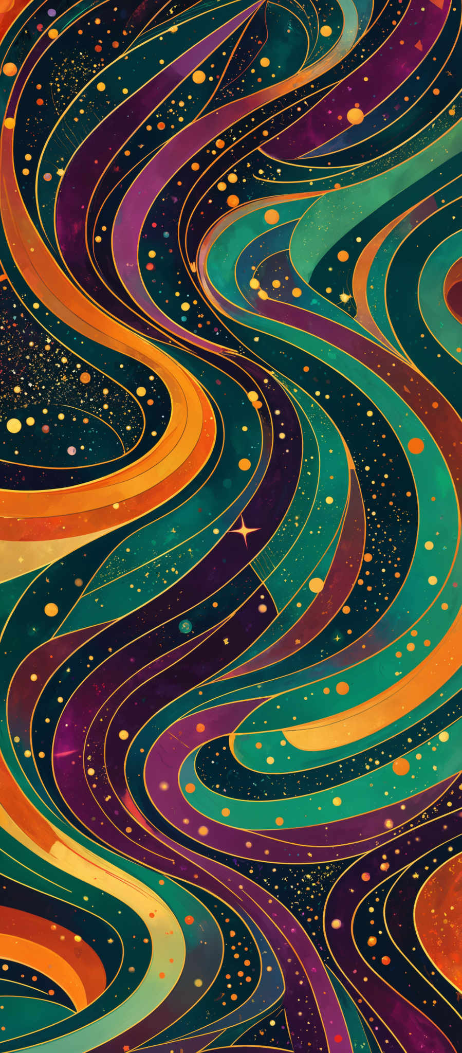 The image showcases a vibrant and intricate pattern of swirling lines and shapes. The dominant colors are shades of blue, purple, orange, and gold. The swirls are wavy and intertwine with each other, creating a mesmerizing effect. The background is dotted with small, bright dots that resemble stars or distant galaxies, adding to the cosmic feel of the artwork.