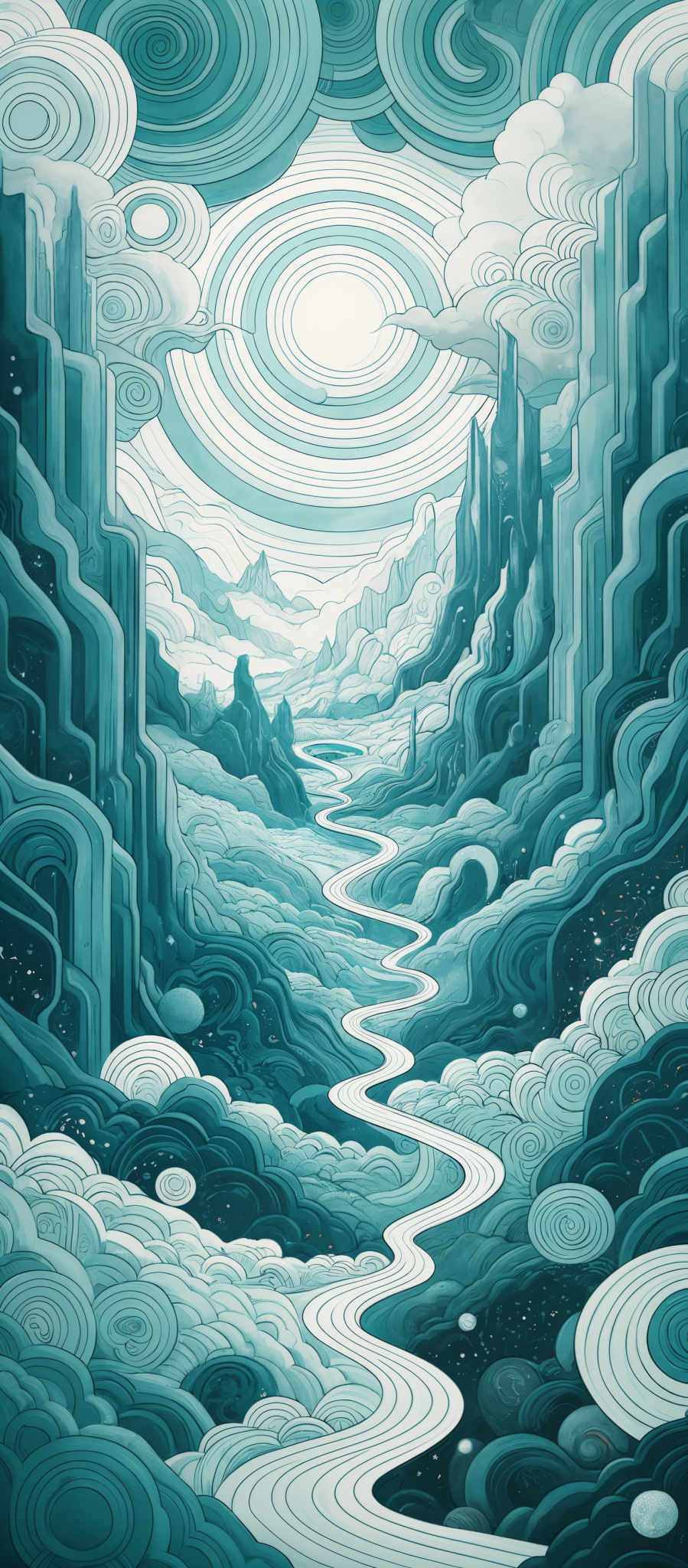 The image showcases a mesmerizing and intricate landscape dominated by swirling patterns and winding paths. The predominant colors are various shades of blue, ranging from light to dark, creating a serene and dreamy atmosphere. The swirled patterns resemble clouds or water, giving the impression of a surreal sky or an underwater scene. The winding pathways seem to lead the viewer's eye deeper into the image, suggesting a journey or exploration into this fantastical world.