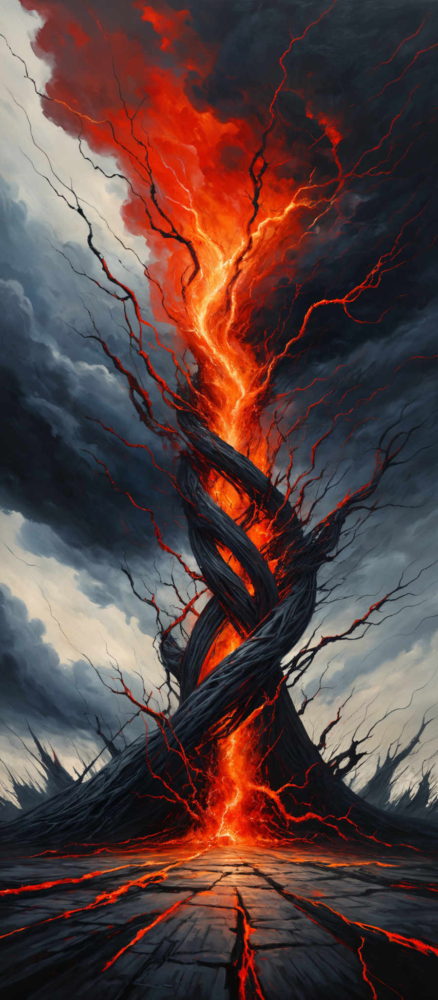 The image showcases a surreal and dramatic scene. Dominating the center is a massive, twisted tree-like structure that appears to be erupting or being consumed by molten lava. The lava flows down its trunk and branches, creating intricate patterns on the ground below. The background is filled with dark stormy clouds, suggesting an impending storm or the aftermath of one. The overall color palette is dominated by fiery reds, oranges, and deep blacks, creating a sense of heat and turmoil.