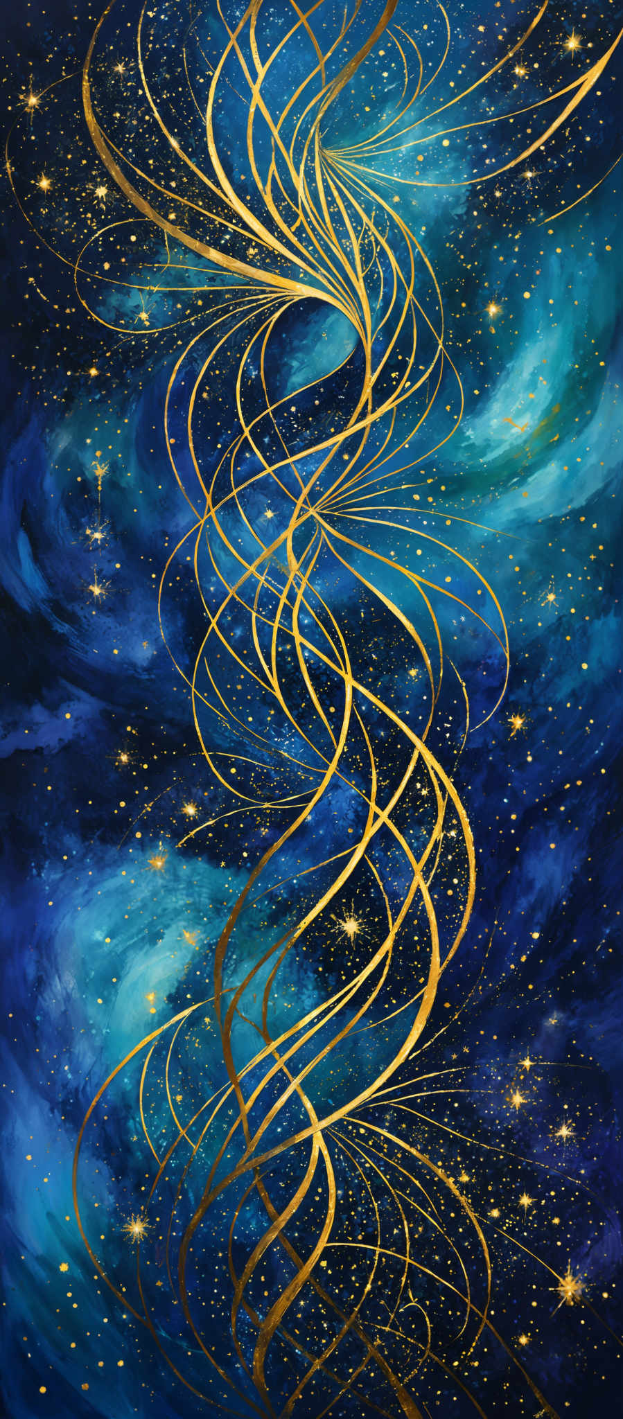 The image showcases a vibrant and mesmerizing cosmic scene. Dominated by deep blues and turquoise hues, it appears to depict a galaxy or nebula with swirling patterns of stars and cosmic dust. Intertwined within this backdrop are golden, spiraling lines that seem to dance and weave, creating an ethereal and otherworldly effect. The golden lines give a sense of movement and energy, contrasting beautifully with the serene and vast expanse of the cosmos.