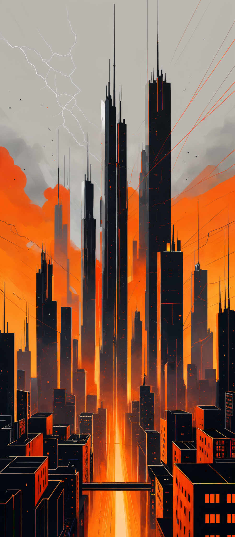 The image showcases a cityscape during what appears to be sunset or sunrise. Dominating the skyline are tall skyscrapers, some of which are illuminated from within, casting a warm orange glow. The sky is painted in shades of orange, red, and gray, with streaks of white lightning cutting across it. The city below is a mix of smaller buildings and structures, with roads and pathways visible. The overall mood of the image is dramatic, with the contrasting warm and cool tones creating a sense of tension and awe.