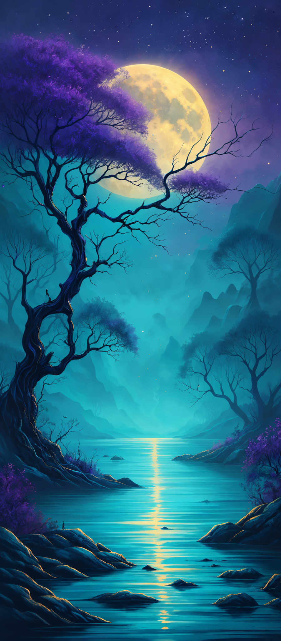 The image showcases a vibrant and mystical landscape. Dominating the scene is a large, luminous moon that casts a soft glow over the scene. The moon is surrounded by a deep purple sky dotted with stars. In the foreground, there's a twisted, gnarled tree with purple blossoms, its branches reaching out in various directions. The tree stands beside a serene body of water that reflects the moon's light, creating a shimmering pathway. The water is bordered by rocky outcrops and is dotted by a few small, silhouetted figures. The overall color palette is dominated by shades of blue, pur