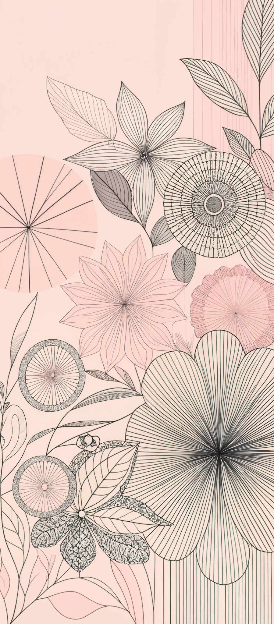 The image showcases a blend of soft pink and white colors. It predominantly features intricate floral designs with various shapes such as flowers, leaves, and circular patterns. The floral patterns are detailed with lines, curves, and shading, giving them a three-dimensional appearance. The overall design is symmetrical and appears to be inspired by nature.