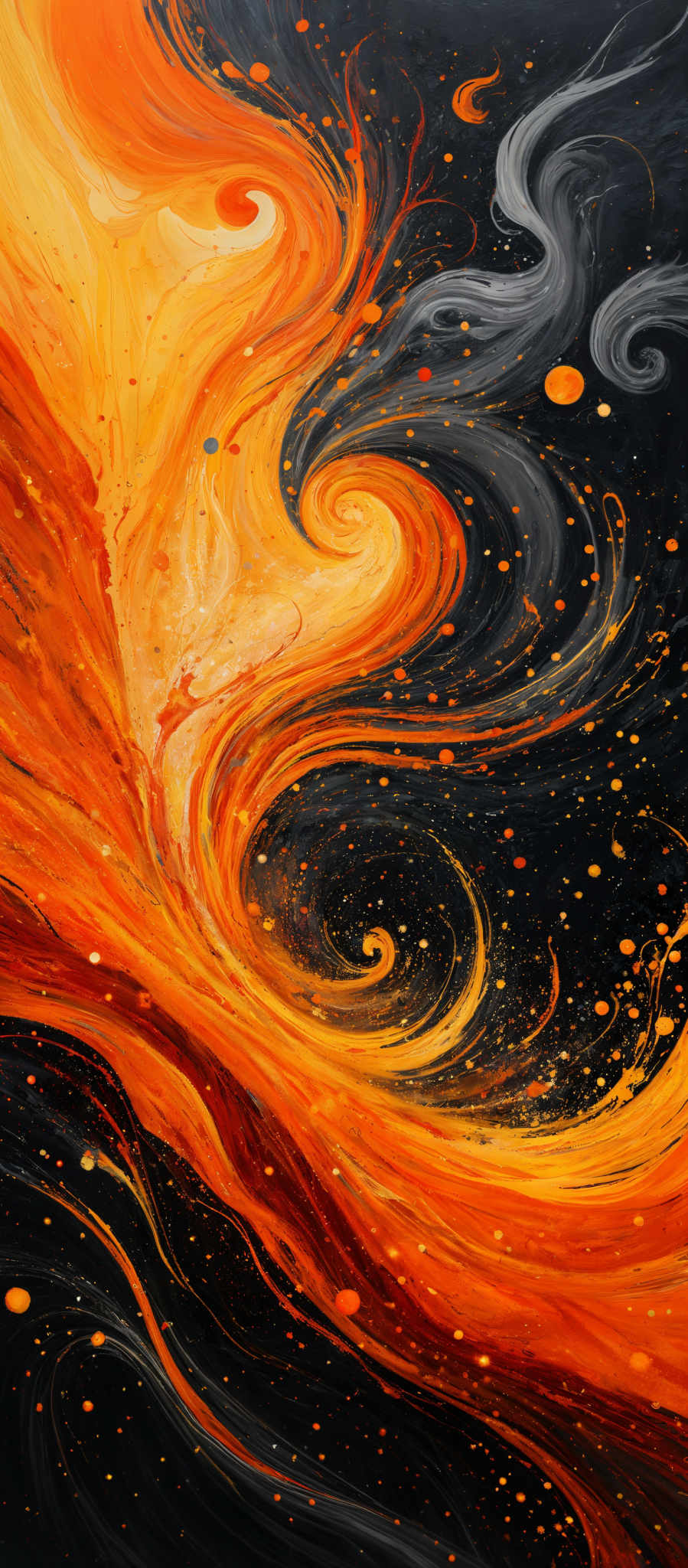 The image showcases a vibrant and dynamic mix of colors. Dominantly, there are swirling patterns of fiery orange and deep black, interspersed with splashes of gold and white. The swirls seem to be fluid in nature, reminiscent of molten lava or a whirlwind in motion. The gold and silver specks scattered throughout add a touch of sparkle, giving the impression of a celestial or cosmic setting.