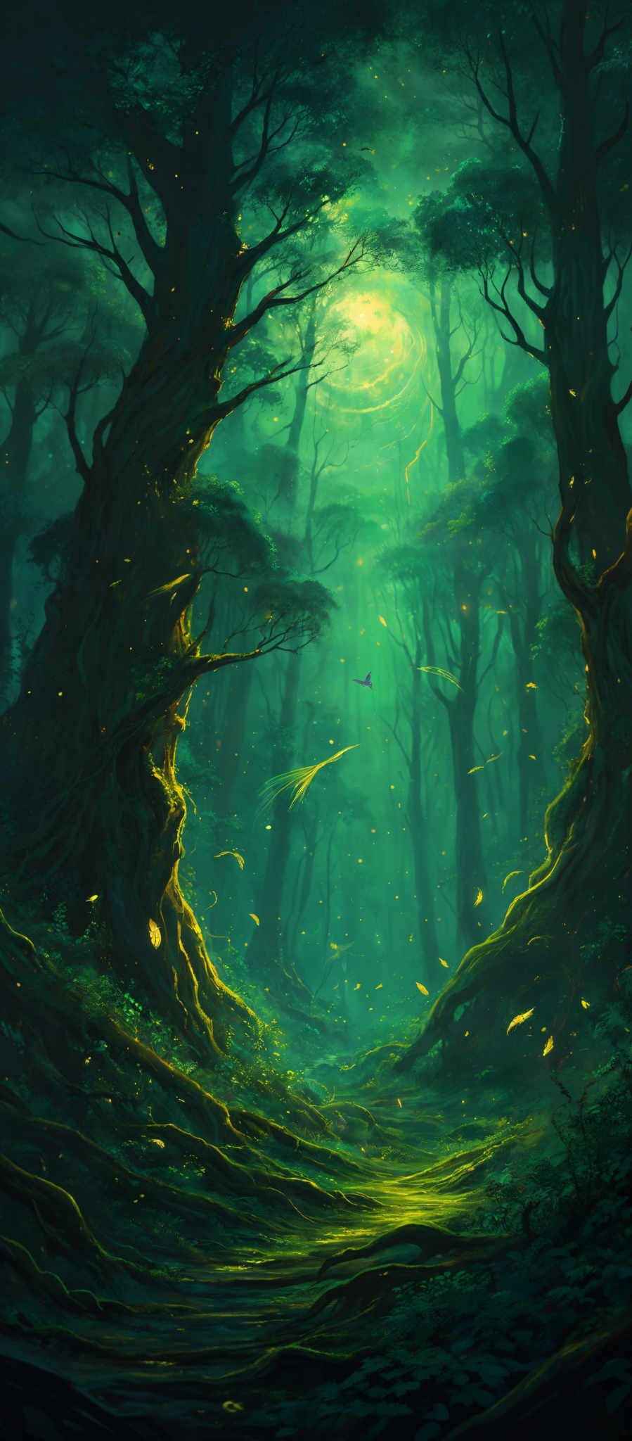 The image showcases a lush, mystical forest with towering trees. The predominant colors are various shades of green, representing the dense foliage, and a soft, ethereal blue, emanating from the glowing light source in the background. The trees have twisted and gnarled branches, and their trunks are thick and robust. The forest floor is covered with fallen leaves and moss, and there are glow-like orbs scattered throughout, possibly representing fireflies or magical entities. A winding pathway can be seen leading through the forest, and the overall ambiance is serene and enchanting.