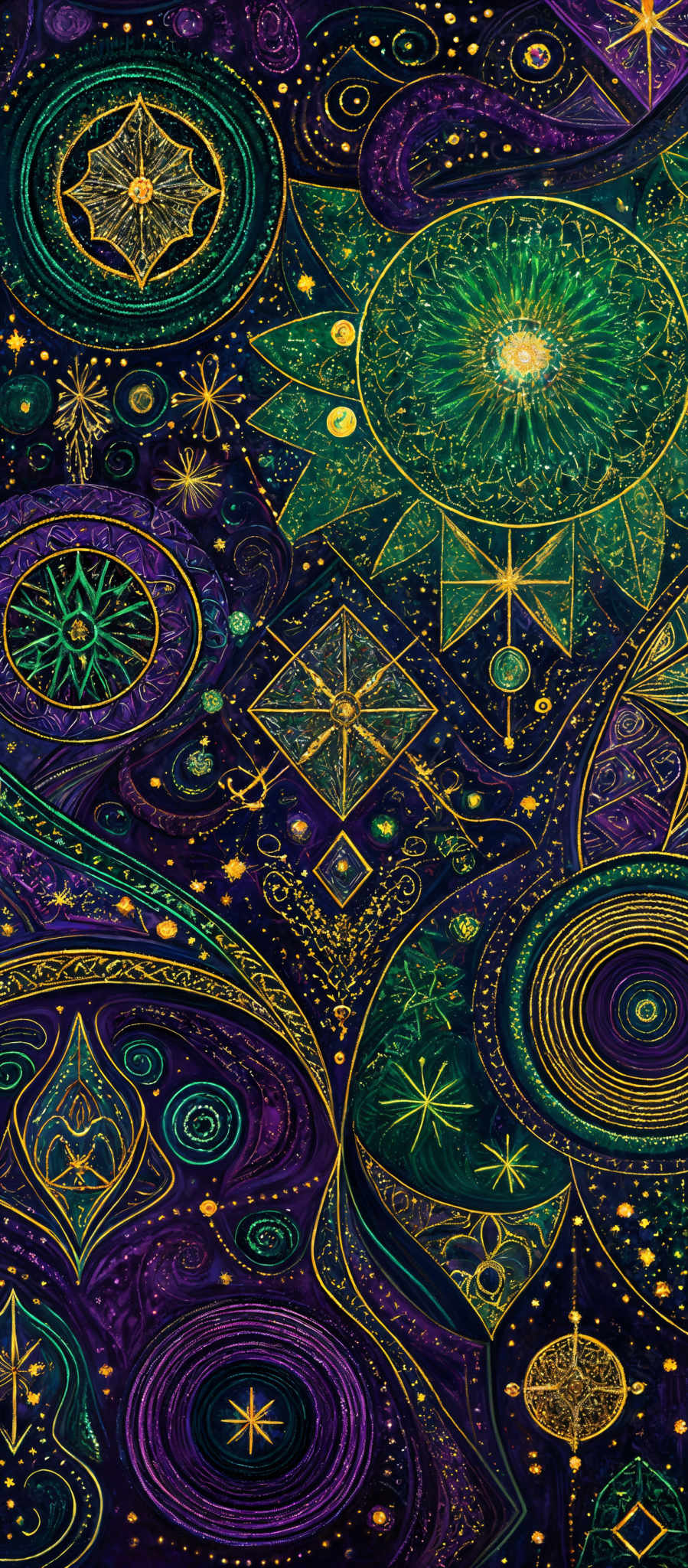 The image is a vibrant and intricate piece of artwork. It predominantly features a deep blue background with various ornate designs and symbols. These designs include circles, spirals, and geometric shapes, all rendered in gold. There are also elements of green and teal, especially in the form of leaves and other natural motifs. The central focus is a large, radiant sun-like symbol in gold, surrounded by smaller celestial motifs and patterns.