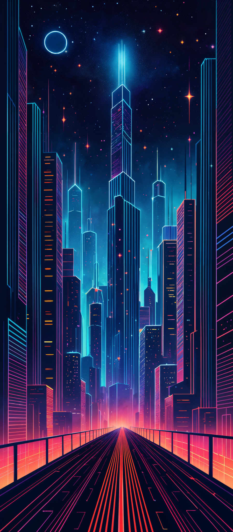 The image showcases a futuristic cityscape at night. The dominant colors are shades of blue, purple, and pink, creating a neon-like glow. The city is illuminated by tall skyscrapers, some of which have unique designs and structures. The sky is dotted with stars and a crescent moon, adding to the otherworldly ambiance. The foreground features a road or pathway that leads towards the city, with vibrant red and orange lines, possibly indicating traffic or a digital overlay.