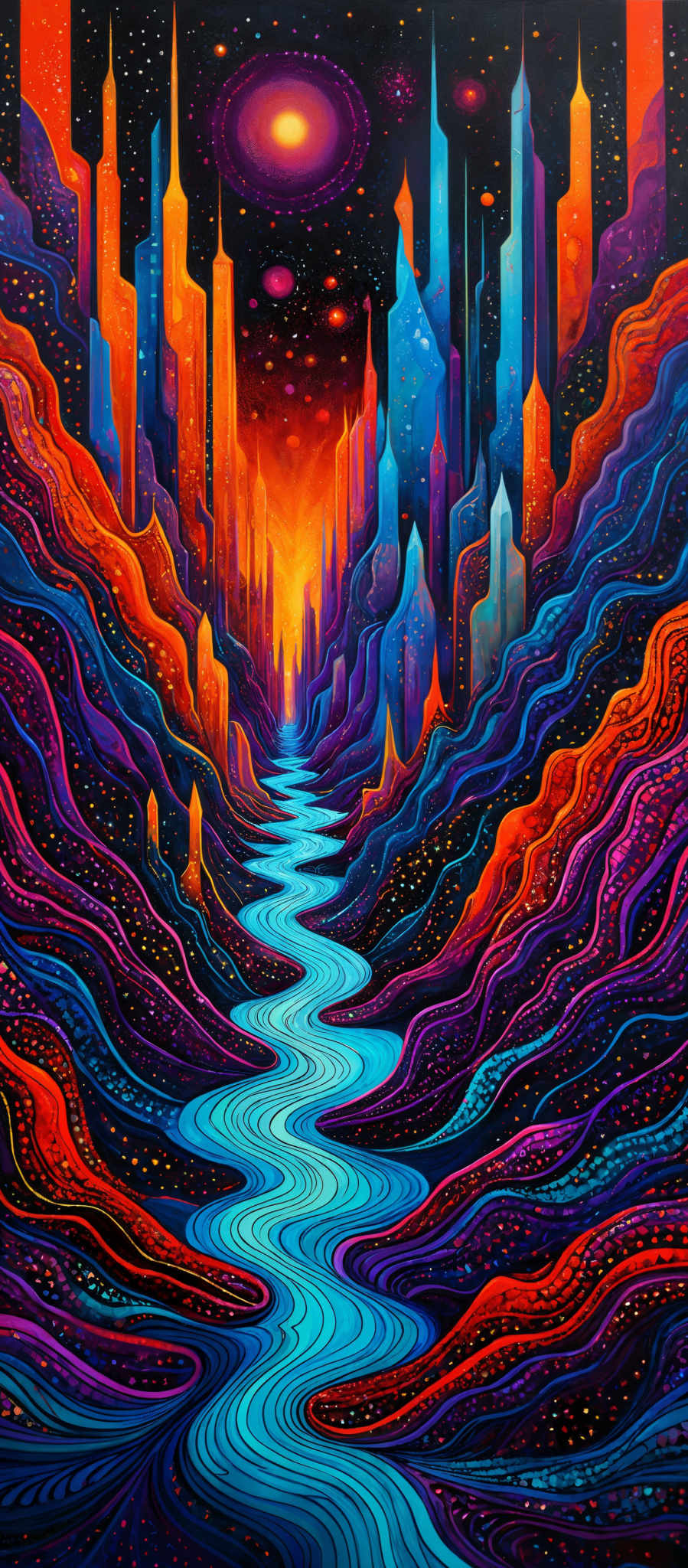 The image showcases a vibrant and surreal landscape. The dominant colors are deep purples, blues, and fiery oranges and reds. The landscape features winding rivers or paths that flow through a series of undulating, colorful hills or mountains. These hills are adorned with intricate patterns and designs, giving them a textured appearance. Above the landscape, there's a dark, starry sky with radiant celestial bodies, possibly planets or moons. The overall impression is one of a dreamlike, otherworldly realm.