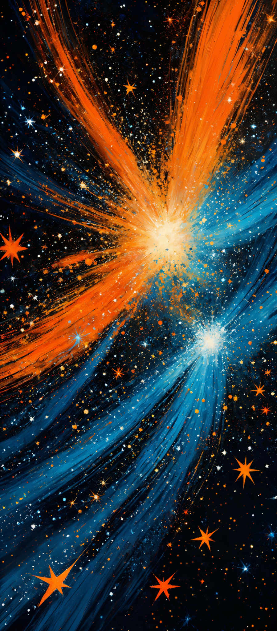 The image showcases a vibrant cosmic scene with a central burst of light emanating from a point, surrounded by swirling streaks of blue and orange. These streaks resemble cosmic rays or energy beams. The background is filled with a deep blue space dotted with numerous bright stars, some of which are shaped like stars of David. The overall impression is one of a dynamic and energetic universe.