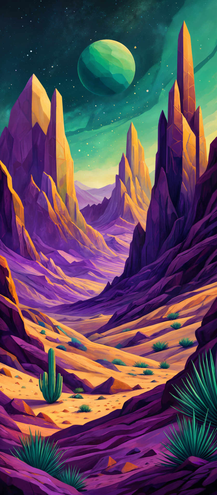 The image showcases a vibrant and colorful desert landscape. Dominating the scene are towering rock formations, painted in hues of purple, orange, and red. These formations are set against a backdrop of a starry night sky with a large, greenish planet hovering above. The ground is covered in sandy dunes with occasional tufts of green vegetation, including cacti. The overall ambiance of the image is both mysterious and awe-inspiring, evoking feelings of wonder about the unknown.